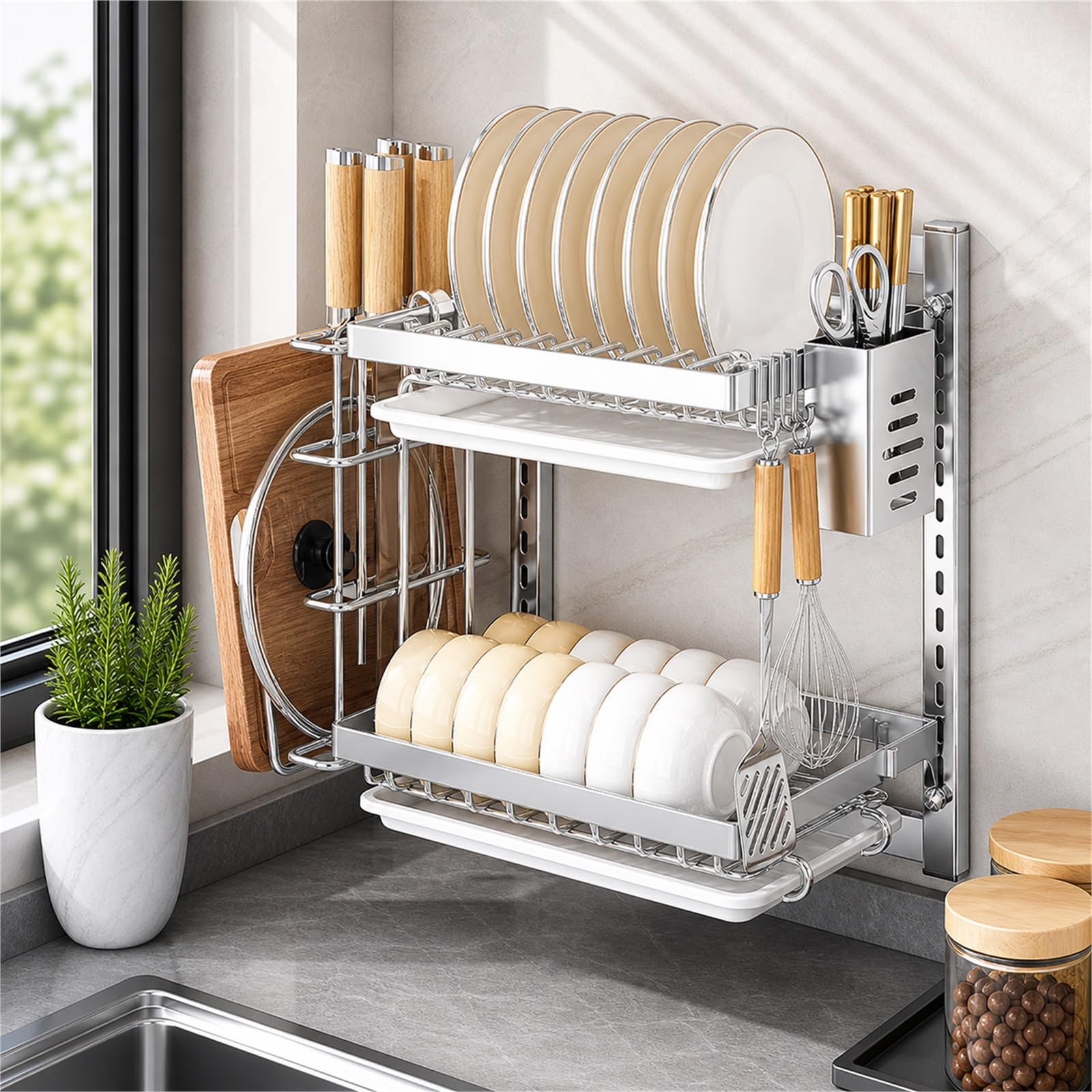 Escurreplatos Pared,Escurridor De Platos con Bandeja,Estanteria Pared Escurreplatos,PrevencióN De La DeformacióN,Puede Contener Cubiertos,Platos PequeñOs Y Tazas