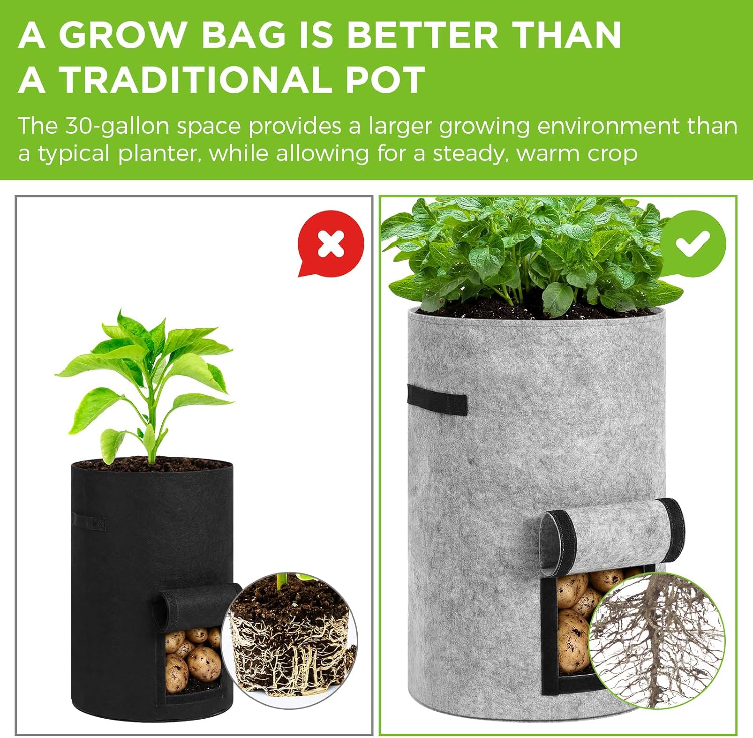 4 Pack 30 Gallon Potato Grow Bags with Harvest Window, Durable Garden Planter Bags with Handles for Potatoes, Tomatoes, and Vegetables - Indoor & Outdoor Gardening Supplies (Black,Gray)