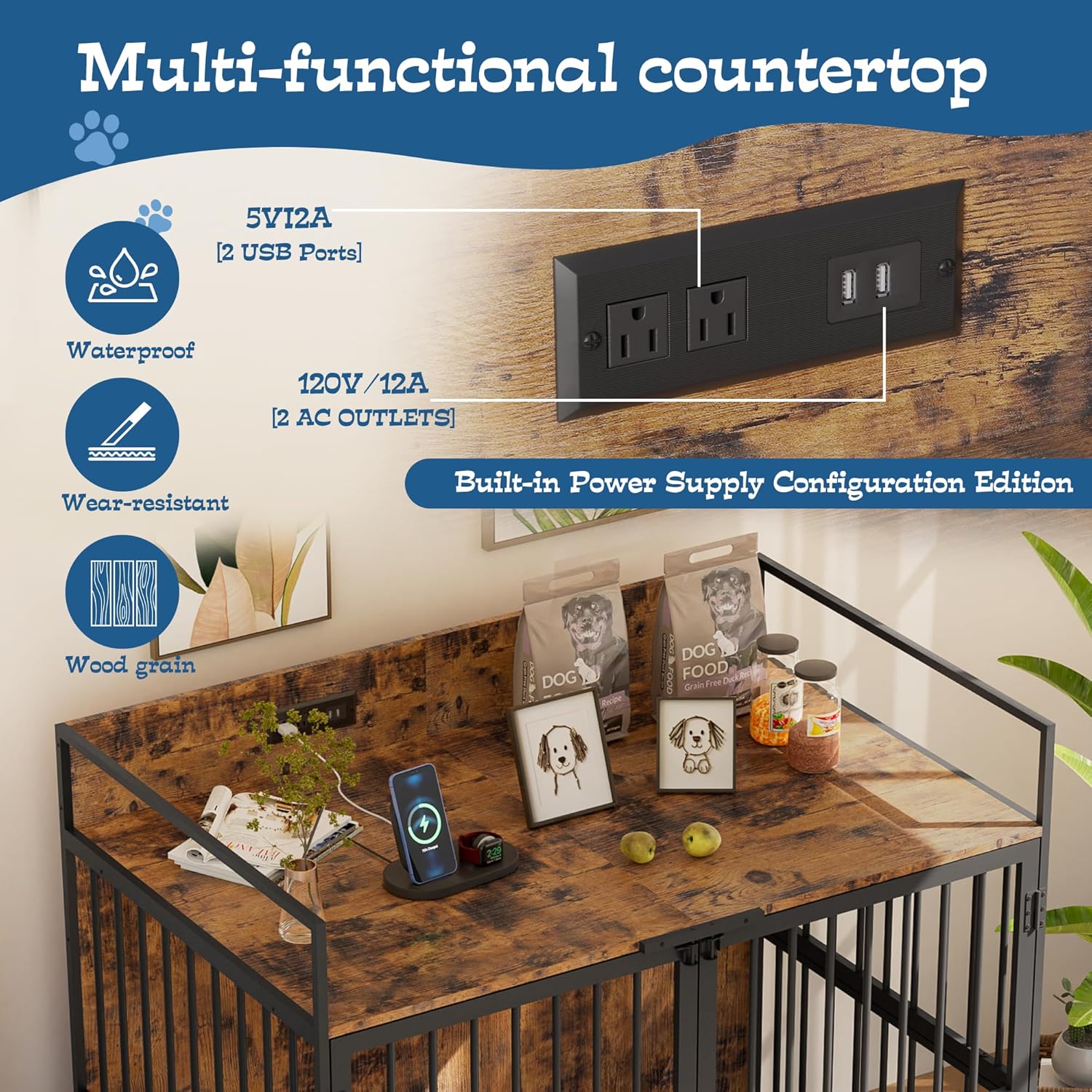 Grepatio 48" Dog Crate Furniture for Large Dogs, Wooden Dog Kennel with 360° Rotating Feeder Bowls and 3 Doors, Indoor Dogs Crates with USB Charging Station, Heavy Duty Medium Dog Cage