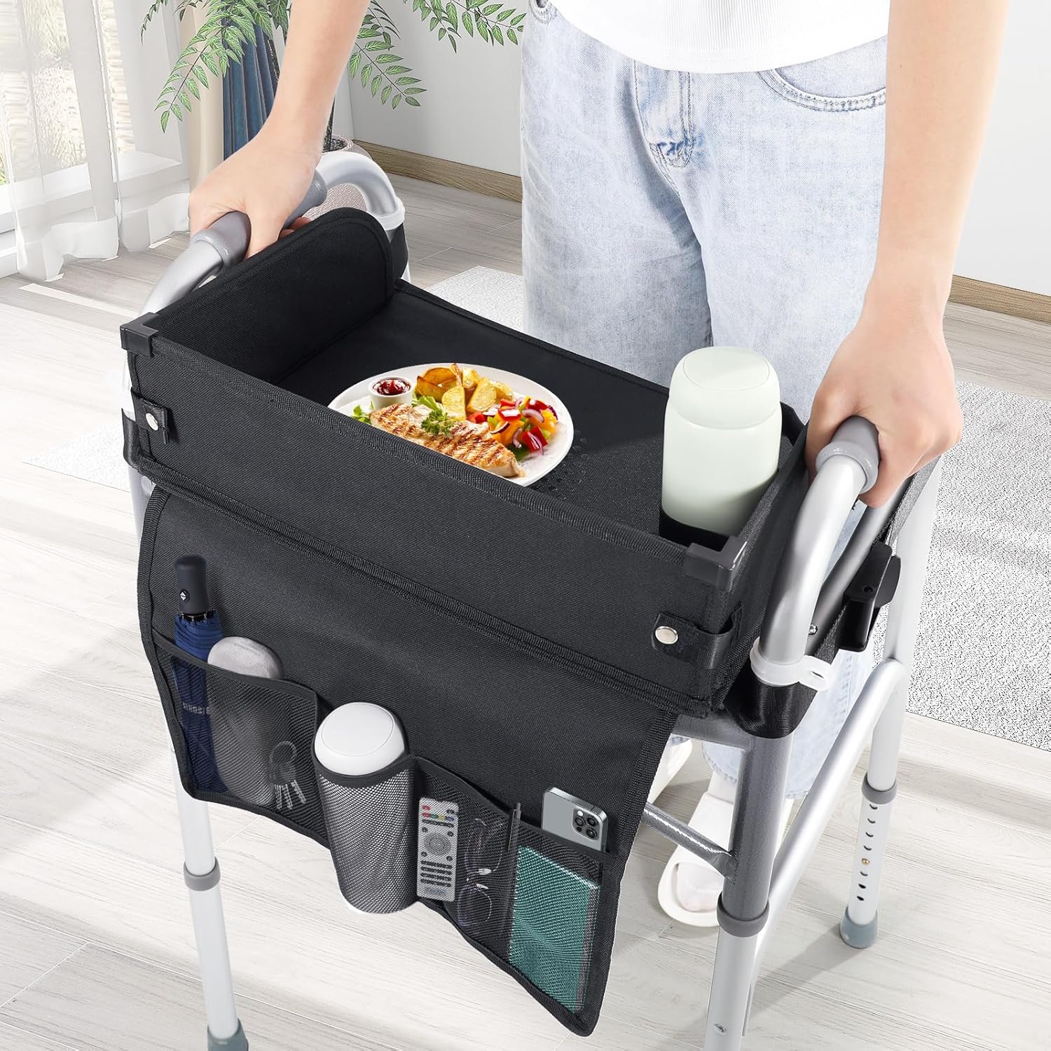 Tray for Walkers for Seniors with Cup Holder - Folding Walker Accessories Upgraded?w/Pockets, Cup Holder & Non Slip Mat for Food?Fits Most Standard Folding Walkers - Removable - 2025 Design universal