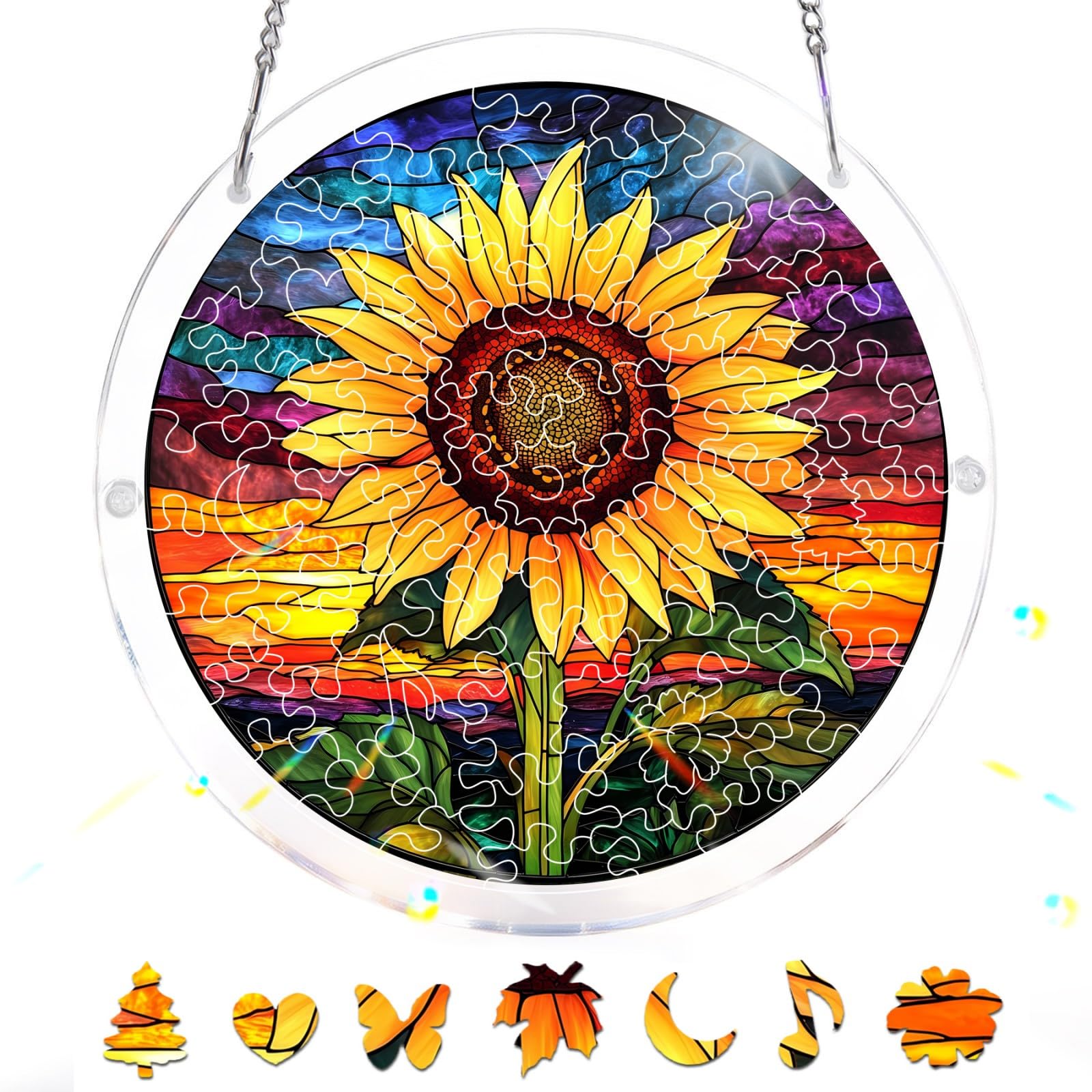 Bimkole 83 Pieces Acrylic Jigsaw Puzzle Suncatcher - Sunflower, Stained Glass Window Hanging Pendant, Home Decor Creative Mom Gifts, Sun Catcher Decor for Garden Home Birthday Gifts 18 cm