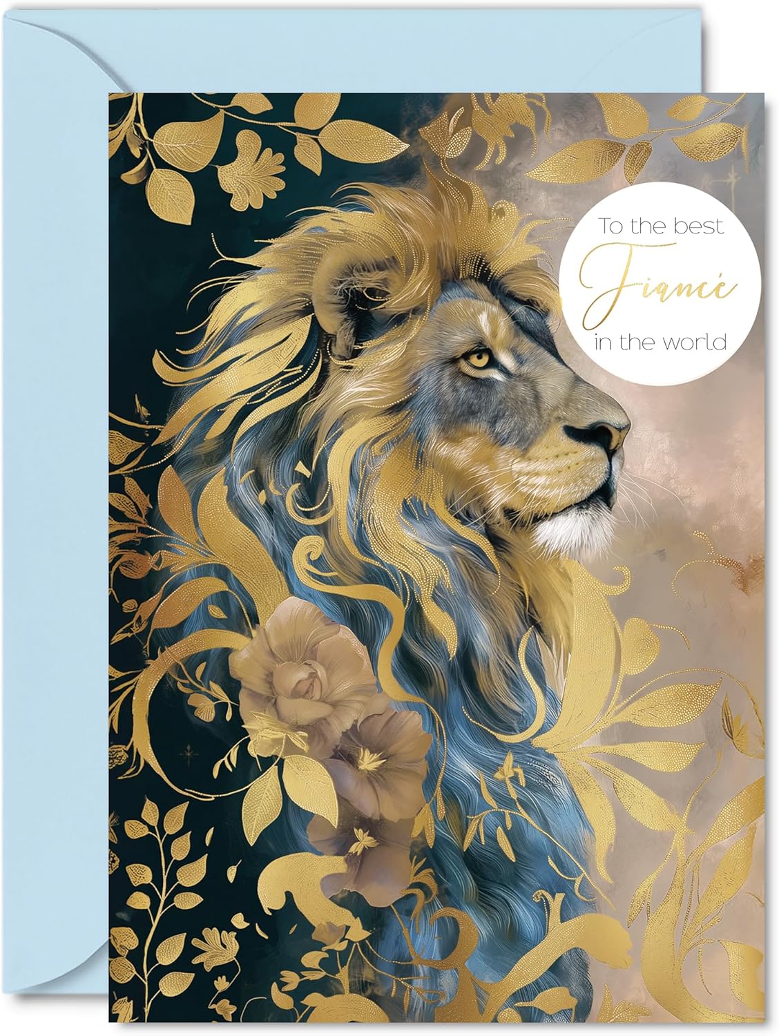 Giftzie Fiancé Birthday Card - Majestic Gold Lion - Beautiful Happy Birthday Card for Fiancé from Fiancée Partner, 5x7 Inch Male Men Bday Golden Greeting Cards