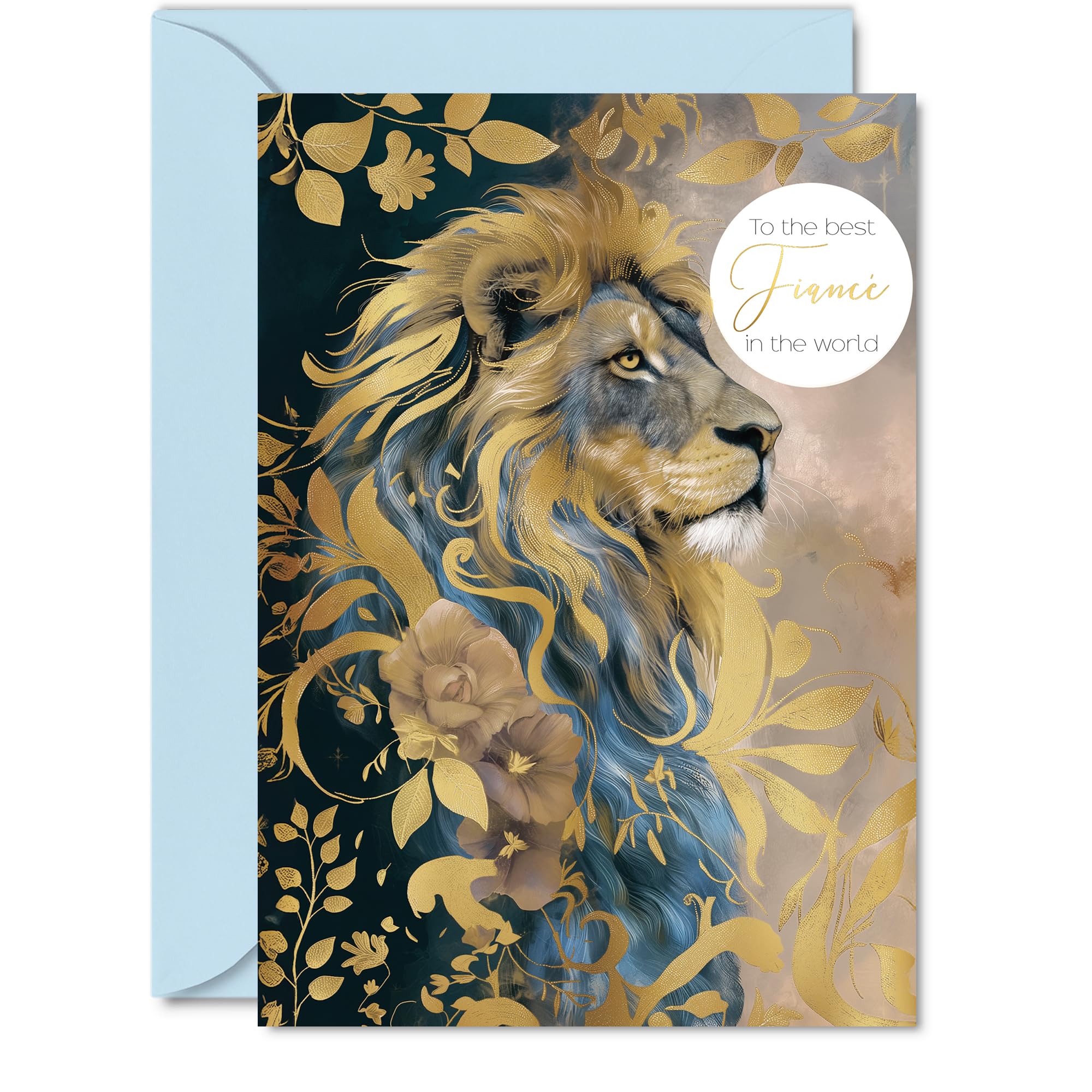 Fiancé Birthday Card - Majestic Gold Lion - Beautiful Happy Birthday Card for Fiancé from Fiancée Partner, 5x7 Inch Male Men Bday Golden Greeting Cards