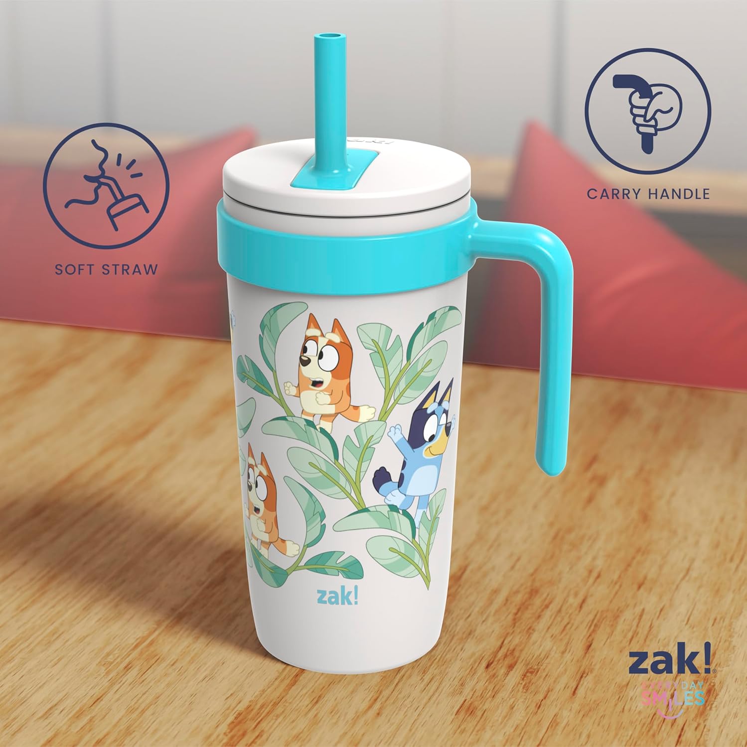 Zak Designs Bluey Fairway Travel Tumbler for On the Go or At Home, 18oz Stainless Steel with Vacuum Insulation, Spillproof Silicone Straw, and Carry Handle for Cold Drinks (Bluey)