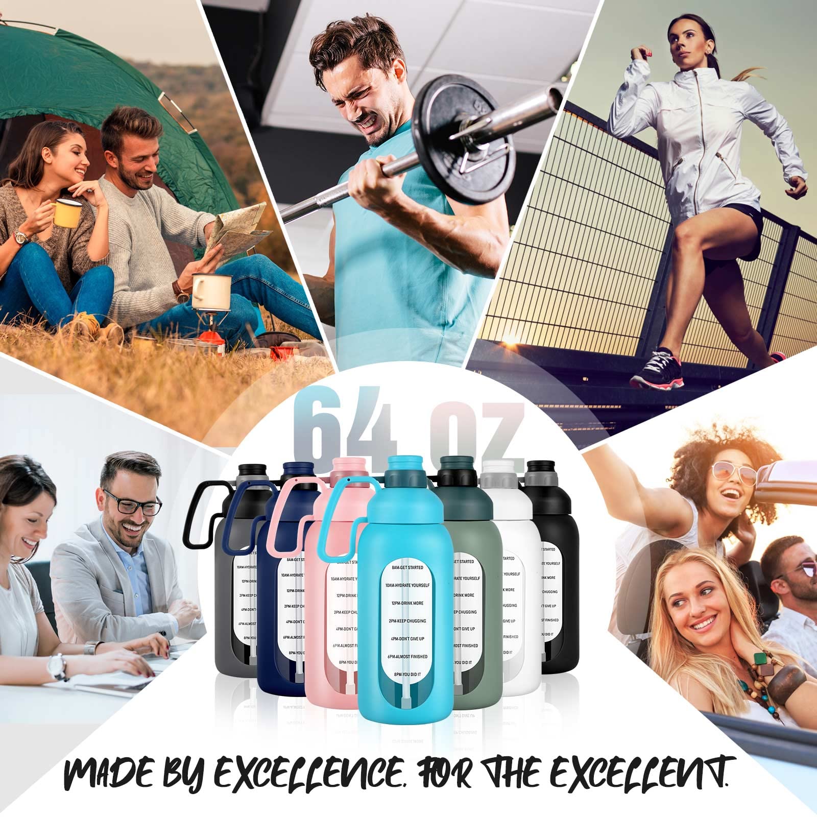 Aqulea Botella de agua de vidrio de 64 onzas con pajita, botella de agua de medio galón con pajita, 2 L, sin BPA, botella de agua grande con aislamiento de tiempo motivacional con asa y funda, botella