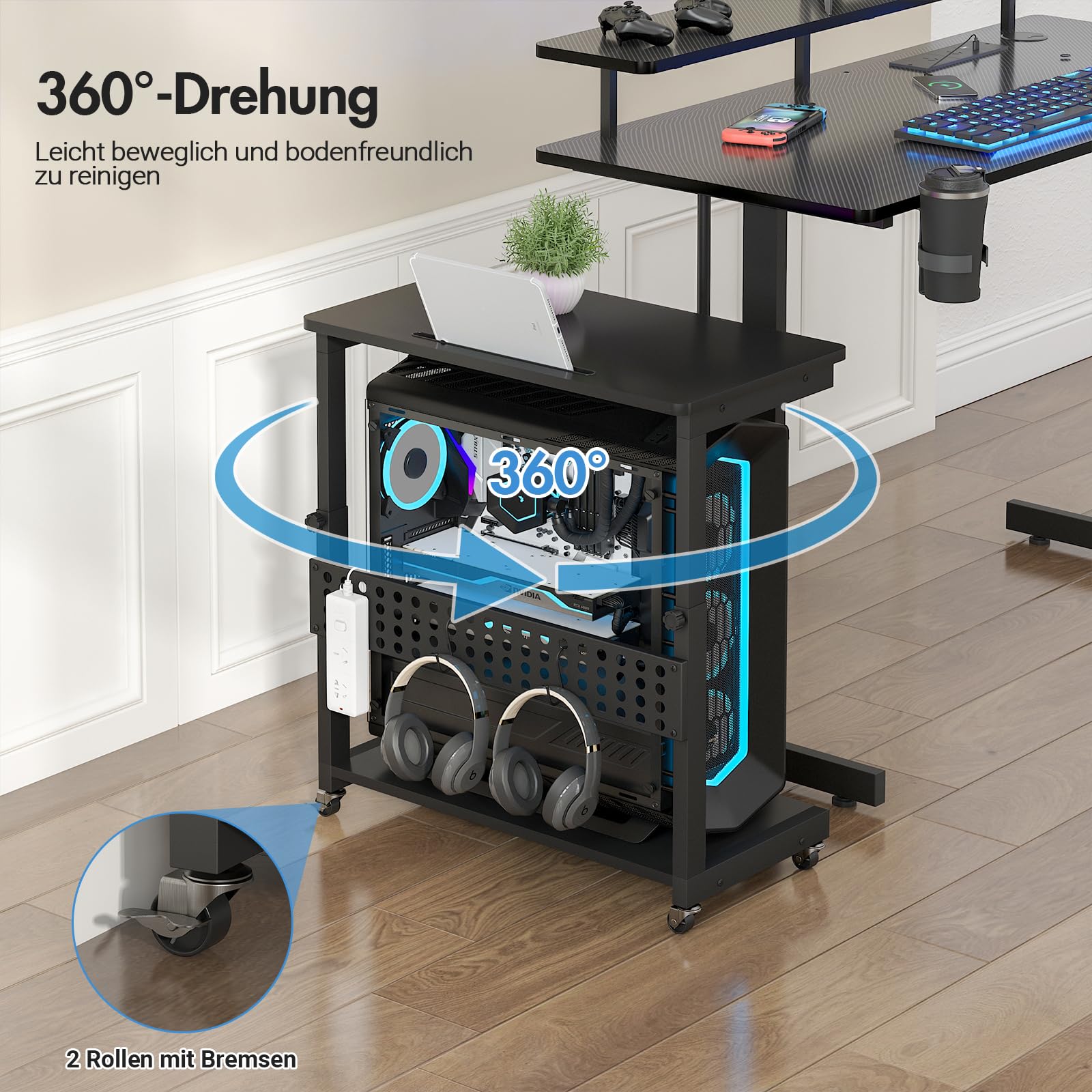 Höhenverstellbarer Computer Tower Ständer, PC Ständer mit Rollen & Schlitz & Haken, 2 Schicht Computer Stand, PC Rollwagen, Druckerständer, CPU Stand für Heimbüro, Schreibtisch, Computertisch, Schwarz
