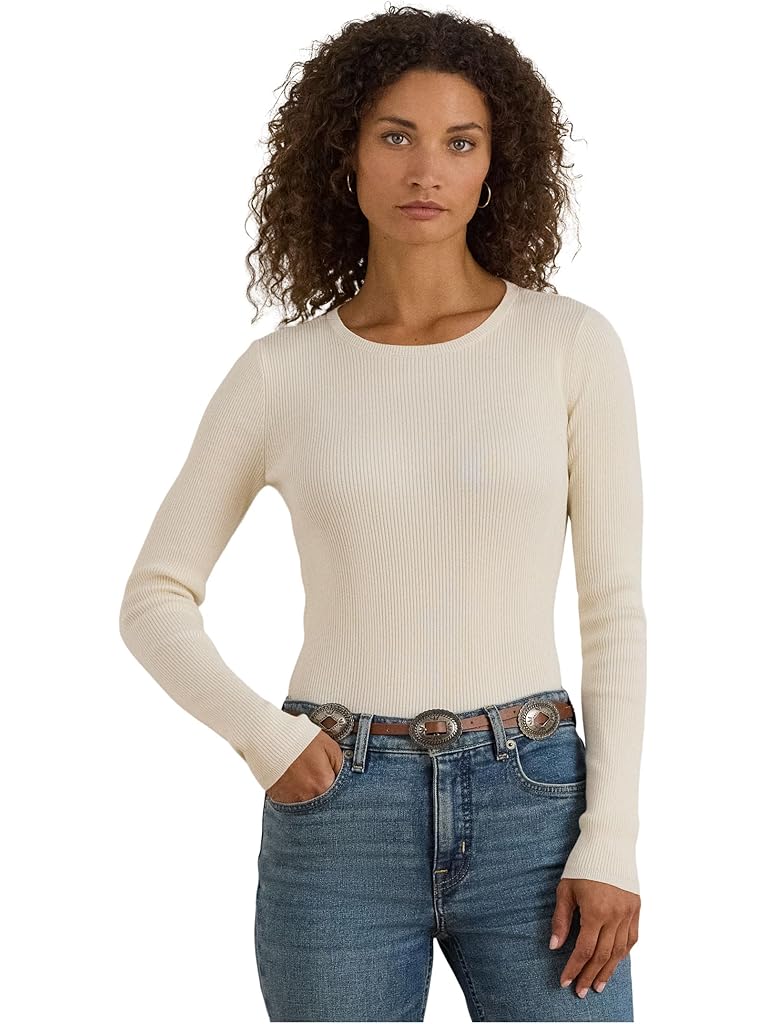 White Lauren Ralph Lauren Rib-Knit Cotton-Blend Crew Neck Sweater
