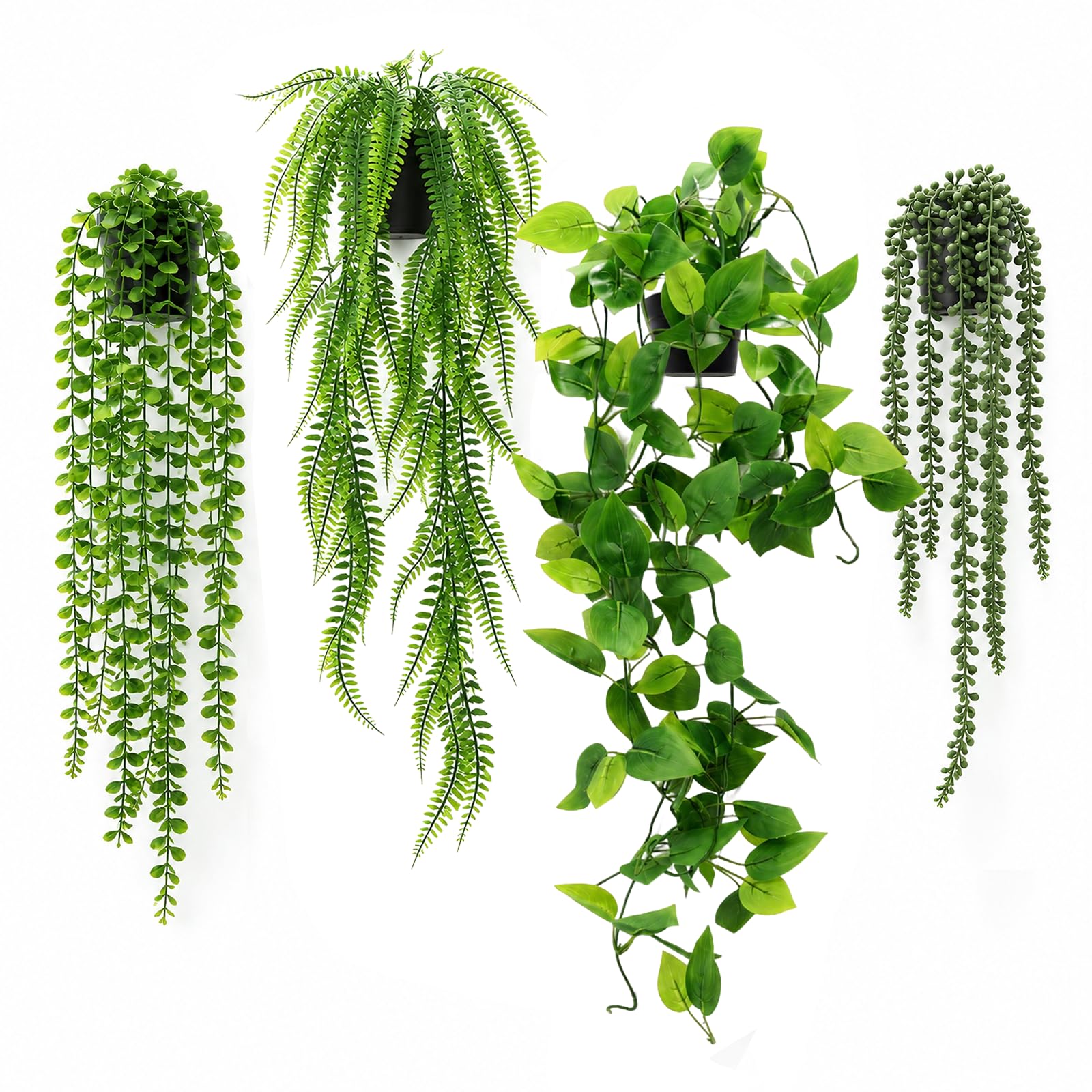 Newthinking Artificial Hanging Plants, Fake Green Trailing with Pots,4 Pack
