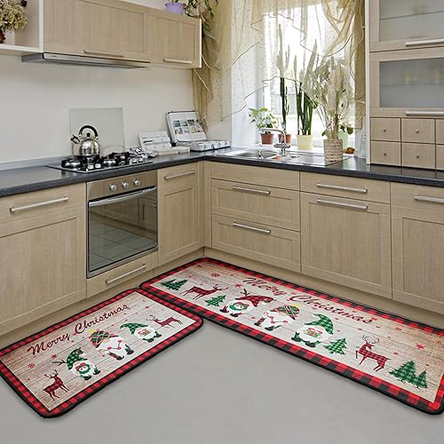 Miniatura 3 de Juego de alfombras y tapetes de cocina de Navidad, 2 piezas de decoración del hogar de cocina, tapete de invierno de bajo perfil, decoración de