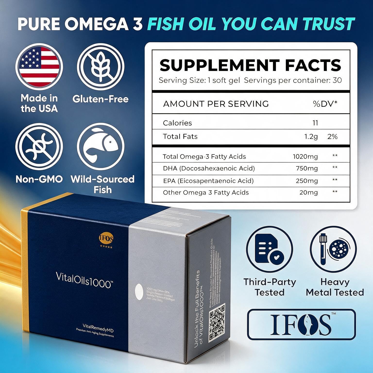 VitalOils1000 - Omega 3 Fish Oil 1200mg with 1000mg DHA+EPA per Capsule (750 DHA + 250 EPA) - Easy-to-Swallow - IFOS 5-Star Certified - No Fishy Aftertaste - 60 Size Blister — Amazon image 5