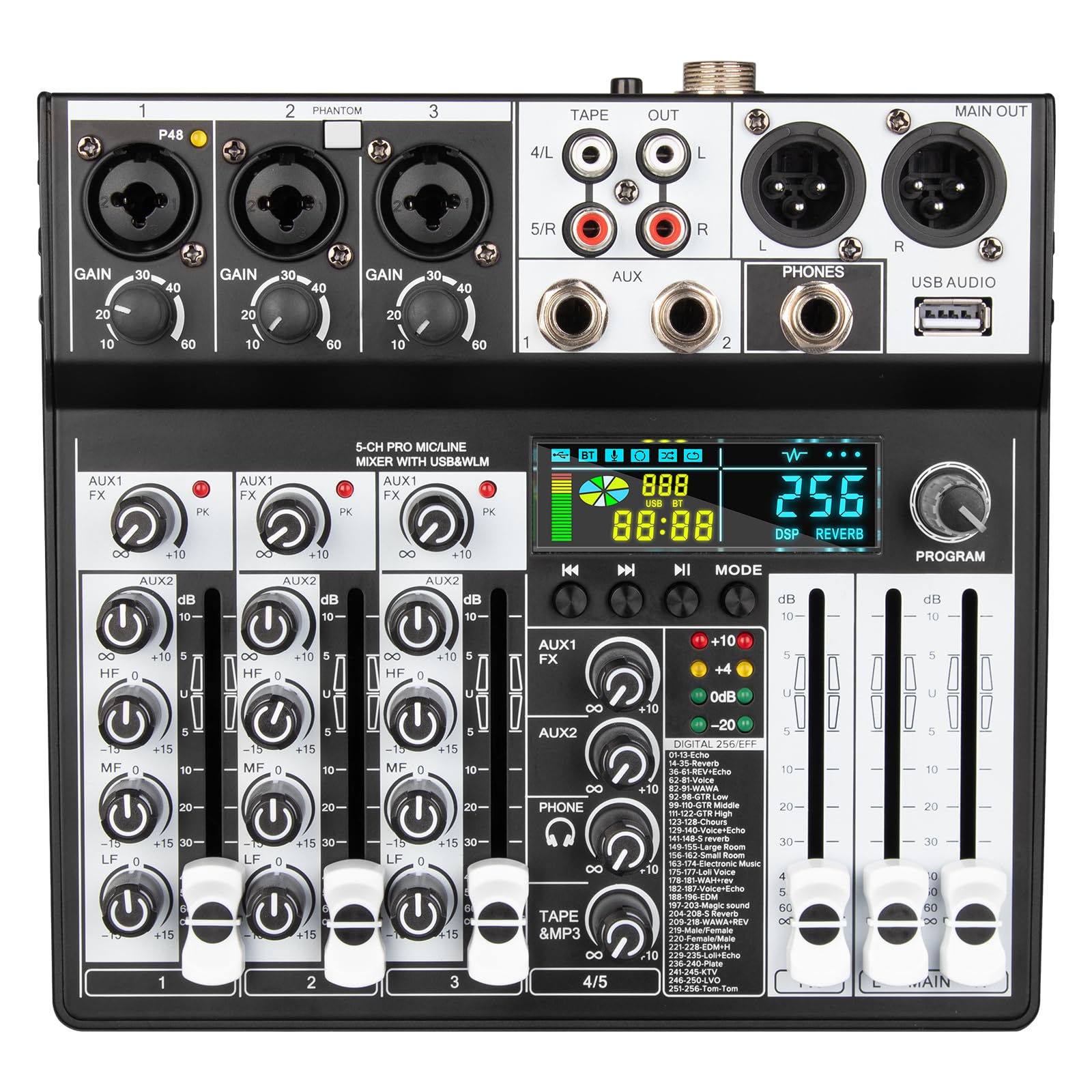 Depusheng Mezclador de audio profesional de 5 canales, sistema de consola de sonido con entrada USB Bluetooth MP3 ordenador, 256 efectos DSP, pantalla LED, potencia fantasma de 48 V para podcast