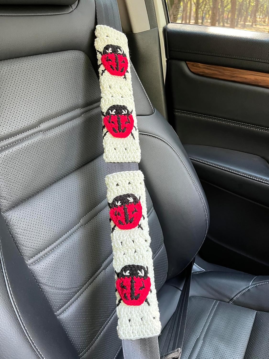 Crochet Car Seat Belt Cover Pads,Cute Car Mirror Rainbow,Car Interior Accessories Decorations for Women (Ladybuy)