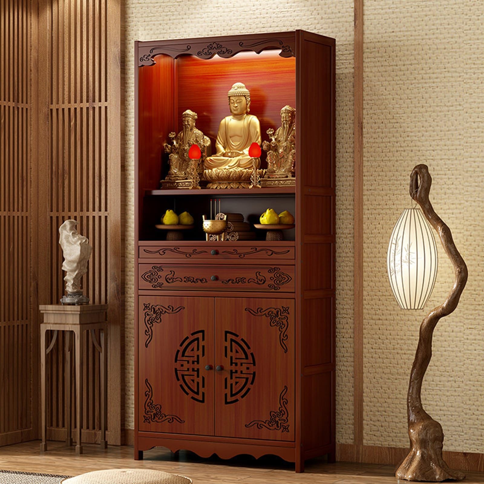 Armoire d'autel bouddhiste en bois massif sculpté pour sanctuaire domestique