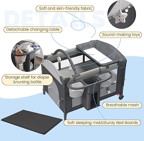 Miniatura 3 de Moisés 5 en 1 con tubo oscilante que se convierte en cuna, cuna con colchón, cambiador de pañales desmontable, mosquitera y juguete, instalación
