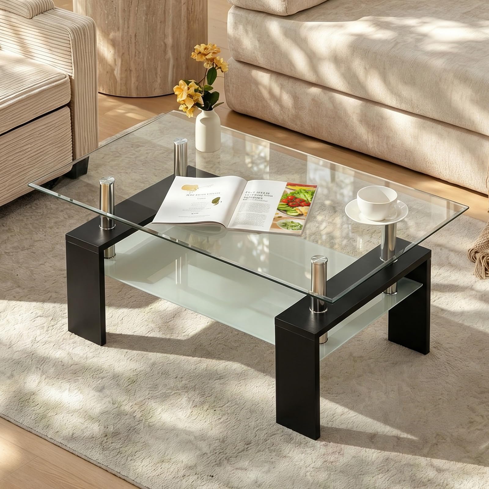TUKAILAI Couchtisch Glas Modern Rechteckiger Wohnzimmertisch Couchtisch mit unterer Ablage, Beistelltisch Glastisch für Wohnzimmer, Gäste, Empfang, Zimmertisch, Schwarz,100x60x45 cm