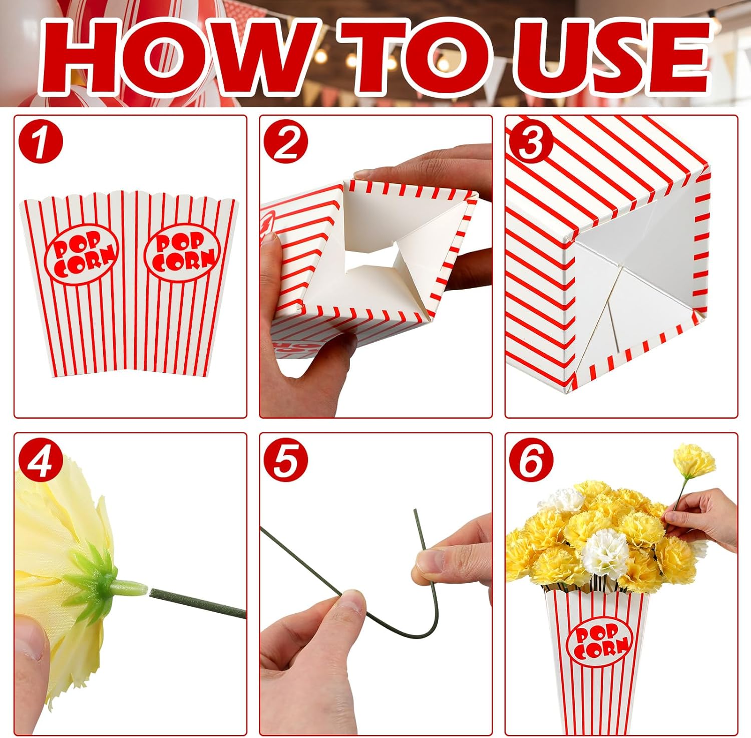 Yinder 8 Sets 204 Pcs Movie Night Popcorn Centerpieces for Table Carnival Circus Table Decorations Bulk with Popcorn Boxes Artificial Carnations with Stems for Movie Night Themed Birthday Party Decor