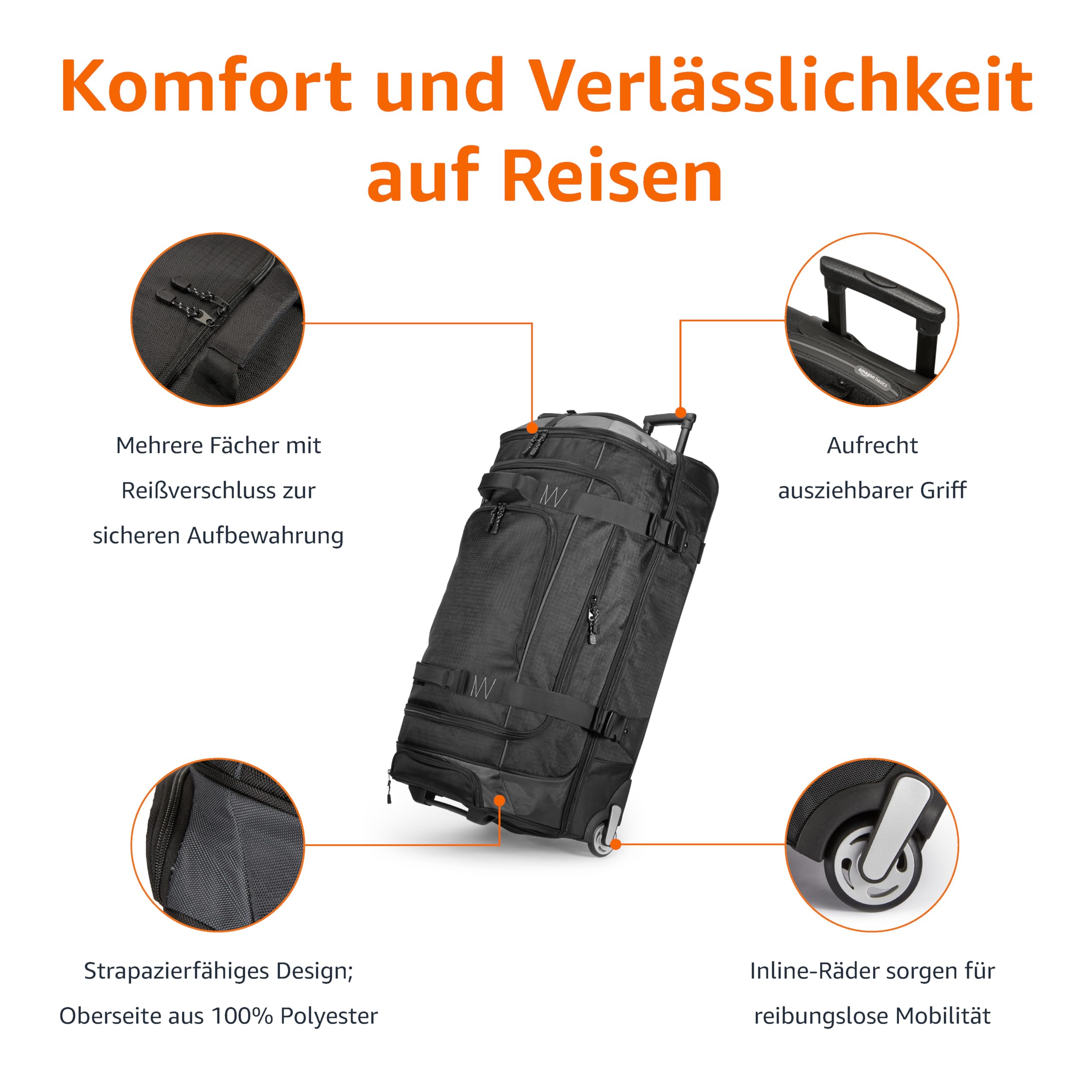 Amazon Basics Reisetasche mit Rollen, 137L, Leichter und Langlebiges Trolley aus Ripstop-Gewebe, Großes Fassungsvermögen mit Teleskopgriff, Ideal für Reisen, Arbeit und Freizeit, Schwarz