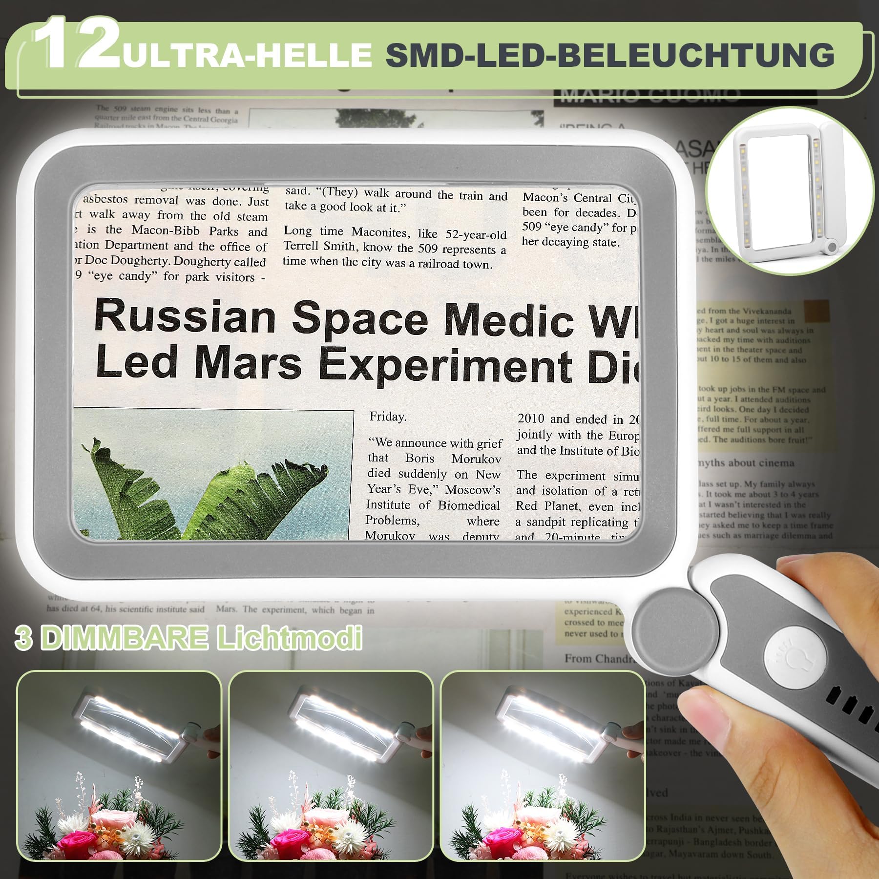 Loupe de Lecture Rechargeable Tobegiga avec éclairage - Grande loupe de 12 x 7,5 cm pour Personnes âgées et malvoyantes - Loupe légère pour Lire Les journaux et Les Petits caractères