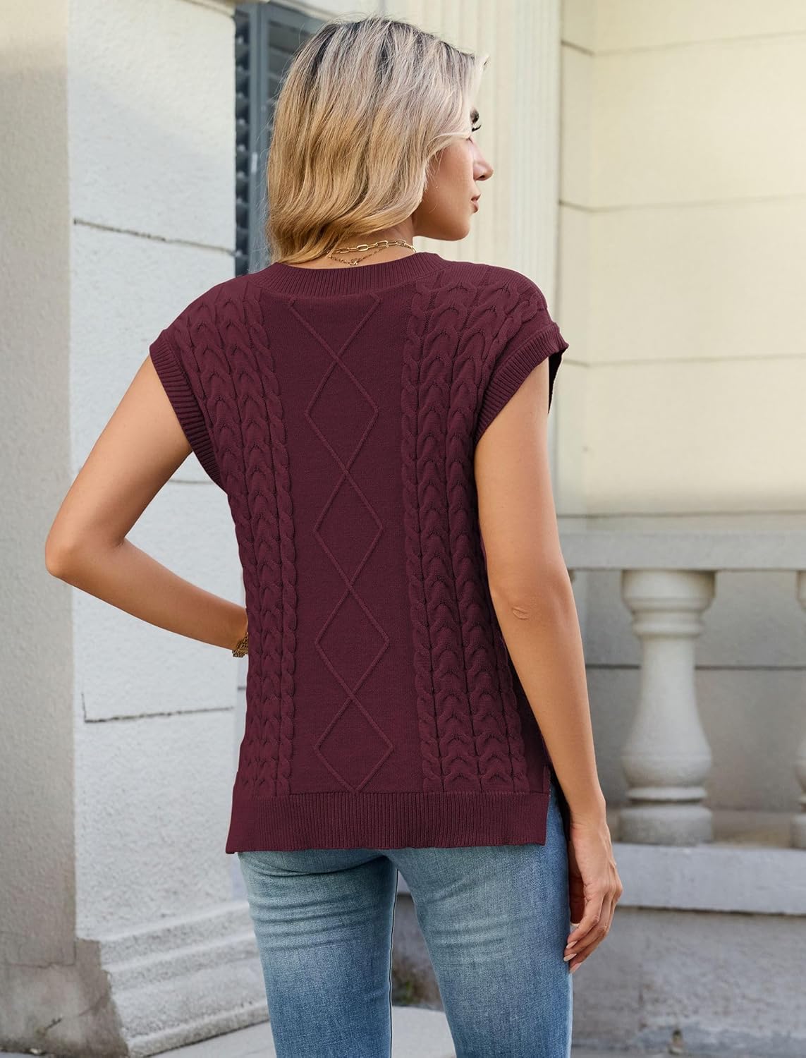 ZAFUL Womens V Neck Sweater Vest Cap Sleeve Oversized Ribbed Cable Knit Casual Loose Tank Top Pullover - Image 6