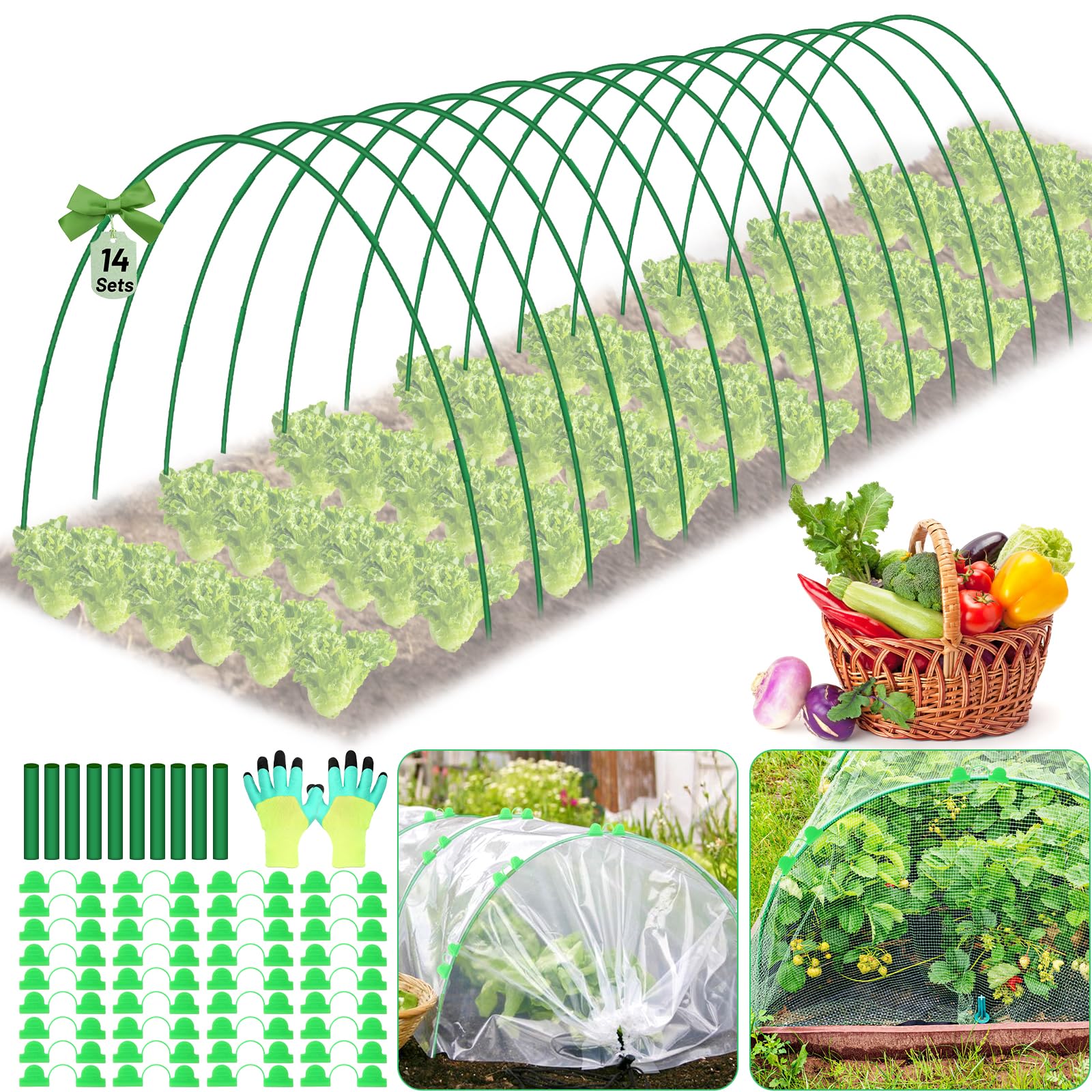 Lot de 70 cerceaux de jardin pour parterres surélevés, tunnels de jardin, tunnels de culture, tunnel de culture, cadre de jardin en fibre de verre antirouille pour filet, couverture en tissu, support