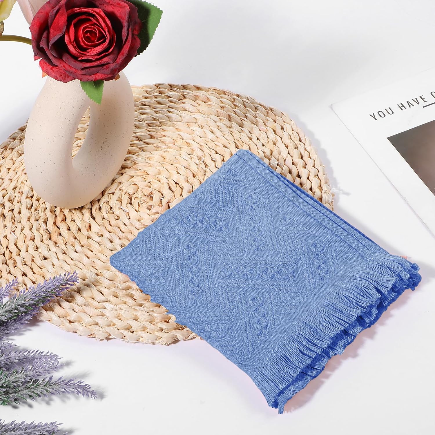 2 Pcs Hand Towels Bathroom, 30×13 Inch Boho Decorative Hand Towels Turkish Absorbent Soft Face Towel for Boho Bathroom Decor Farmhouse Kitchen Hotel Spa Guest (Blue)
