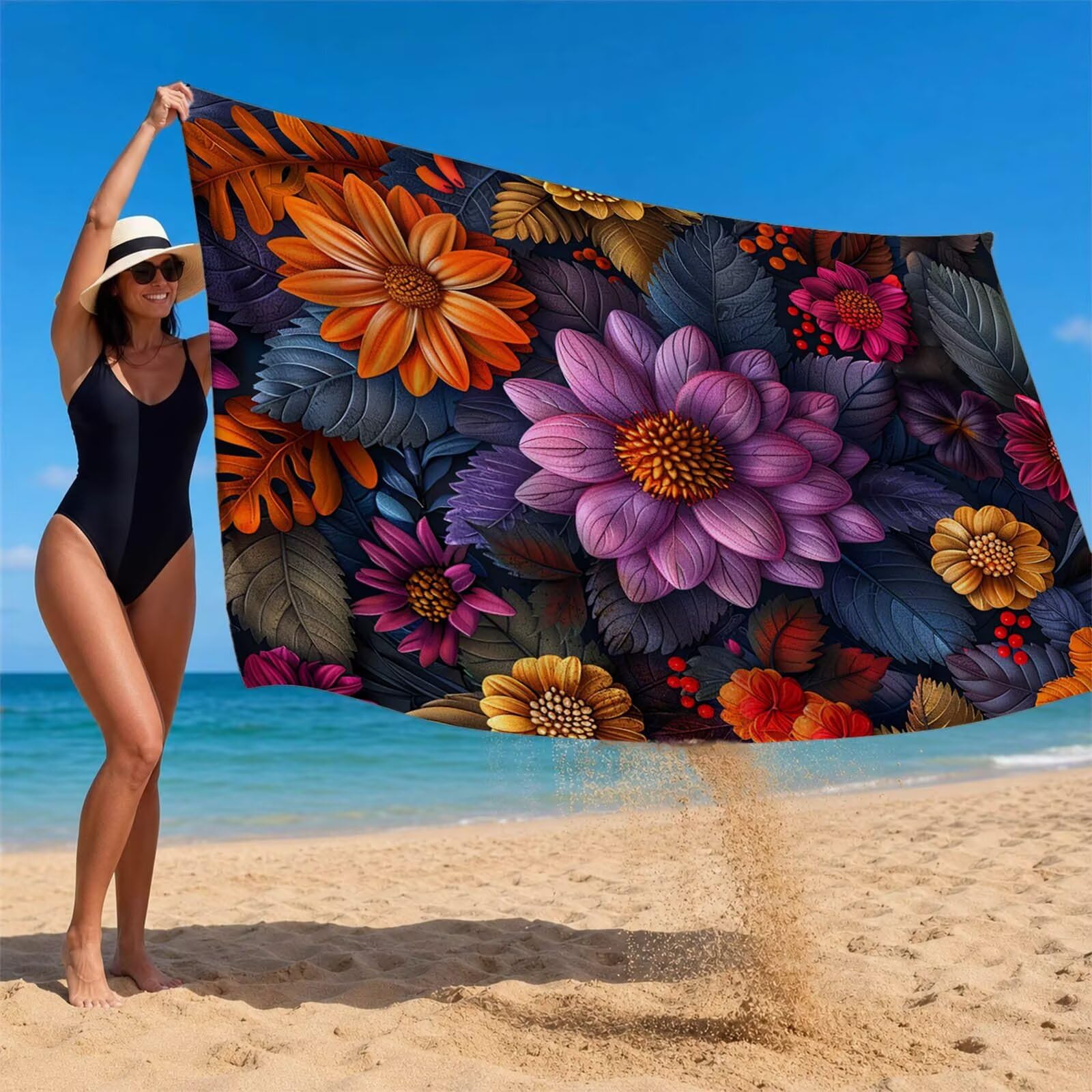 Flor Toalla Playa 220 x 160 Resistente a la Arena Secado rápido Ligero, Toalla Playa Grande 160x220cm Suave Cómodo como Gym Yoga Sauna Toallas Baño Grandes Exterior Travel Essentials Planta XTLS-1173