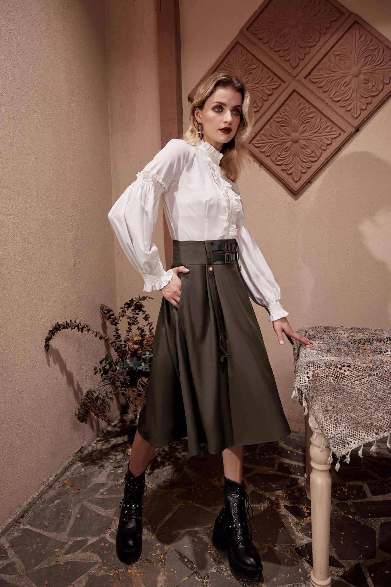 Scarlet Darkness Gonna da Donna Rinascimentale Lunga al Ginocchio con Fibbia e Cinturino Gotica