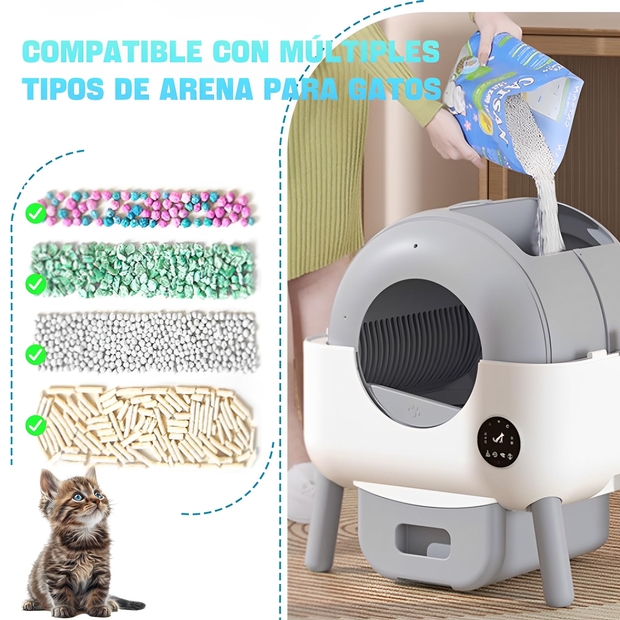 Caja de Arena para Gatos Autolimpiable, 89L Arenero Gato Grande XXL con Detector de Infrarrojos y Sensores de Peso, Control de Aplicaciones Diseño de Ahorro de Espacio Arenero Cerrado para Gatos (C)