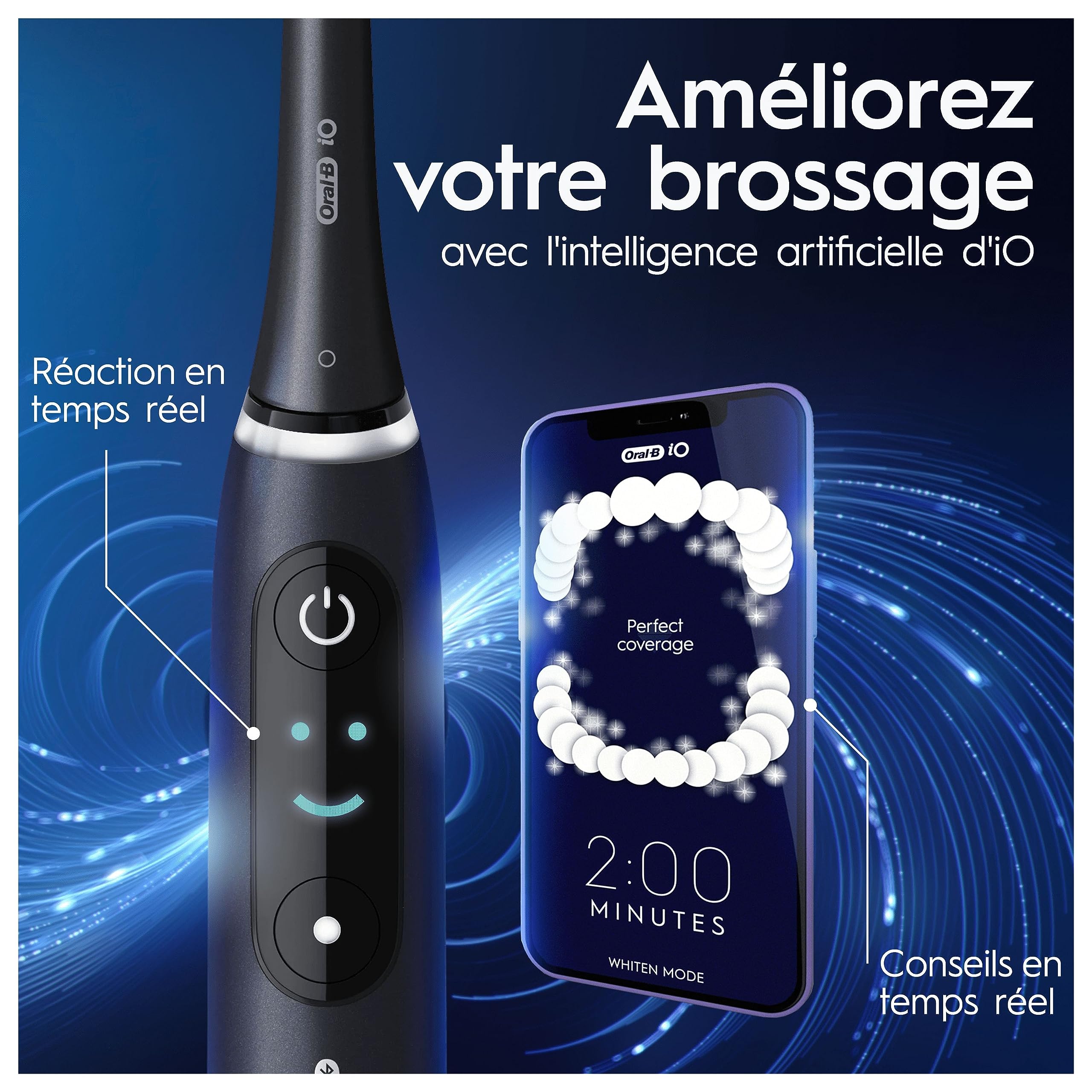 Oral-B iO 8 Brosse À Dents Électrique Noire, Un Capteur De Pression Pour Protéger Les Gencives Sensibles, Des Accessoires, 2 Brossettes De Rechange, 1 Chargeur, 1 Étui De Voyage, Emballage En Carton
