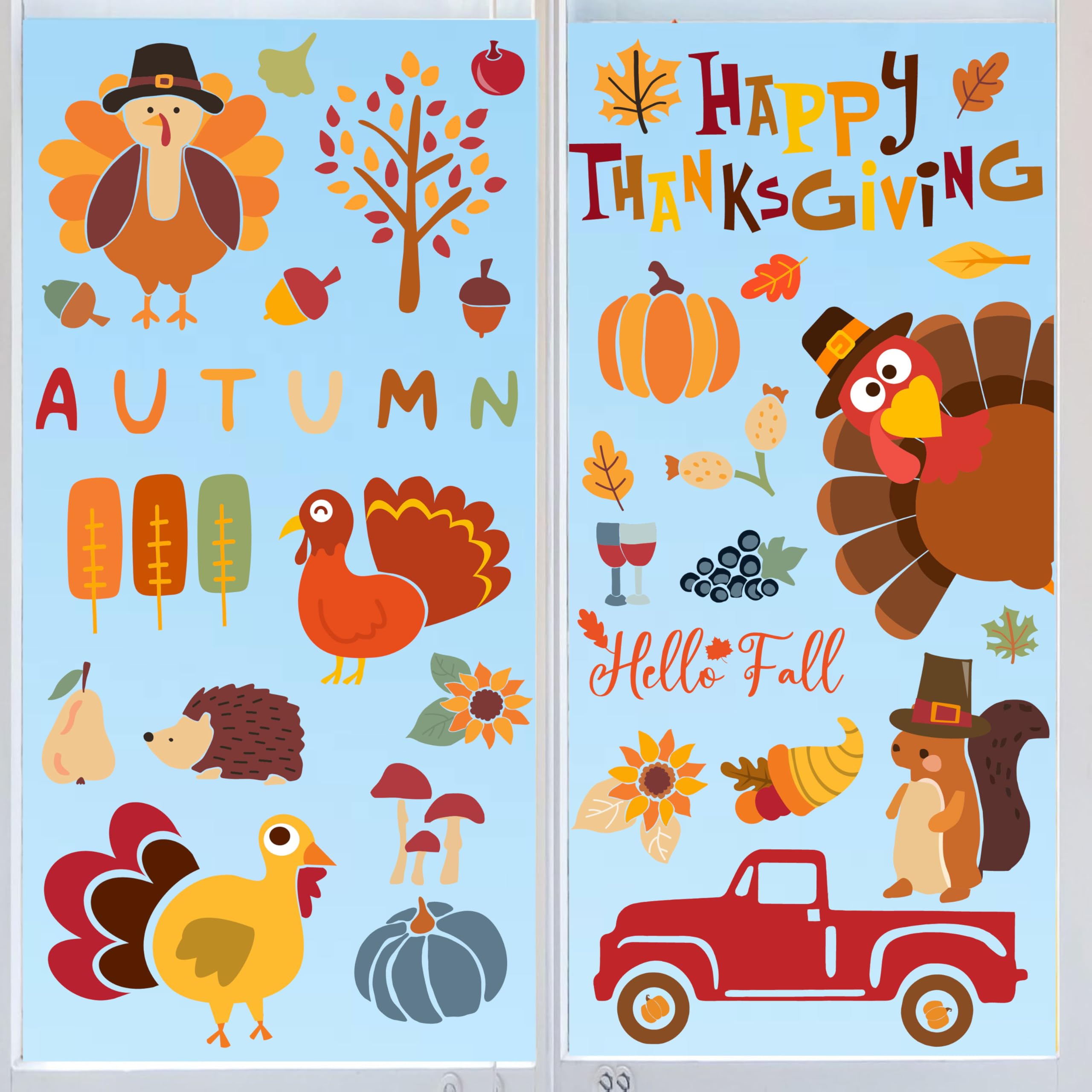 6 Sheets Thanksgiving Window Clings Cartoon Turkey Maple Leaf Pumpkin Truck Window Decals Fall Window Stickers for Autumn Thanksgiving Harvest Home Classroom Office Party Supplies