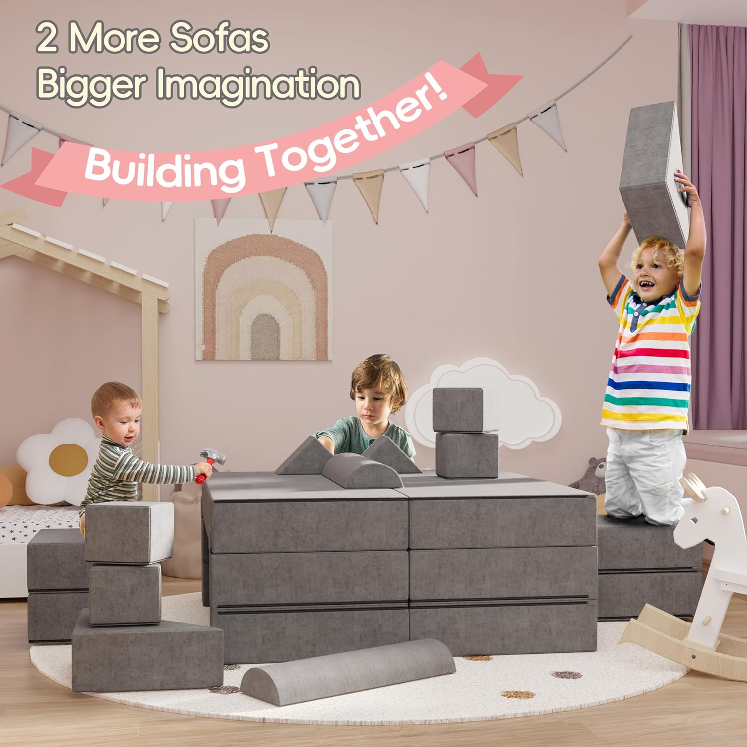 TOLEAD Modular Play Couch Toddlers' Sofa 12 pcs Convertible Foam Couch Kids Sectional Sofa for Playroom Bedroom, Grey