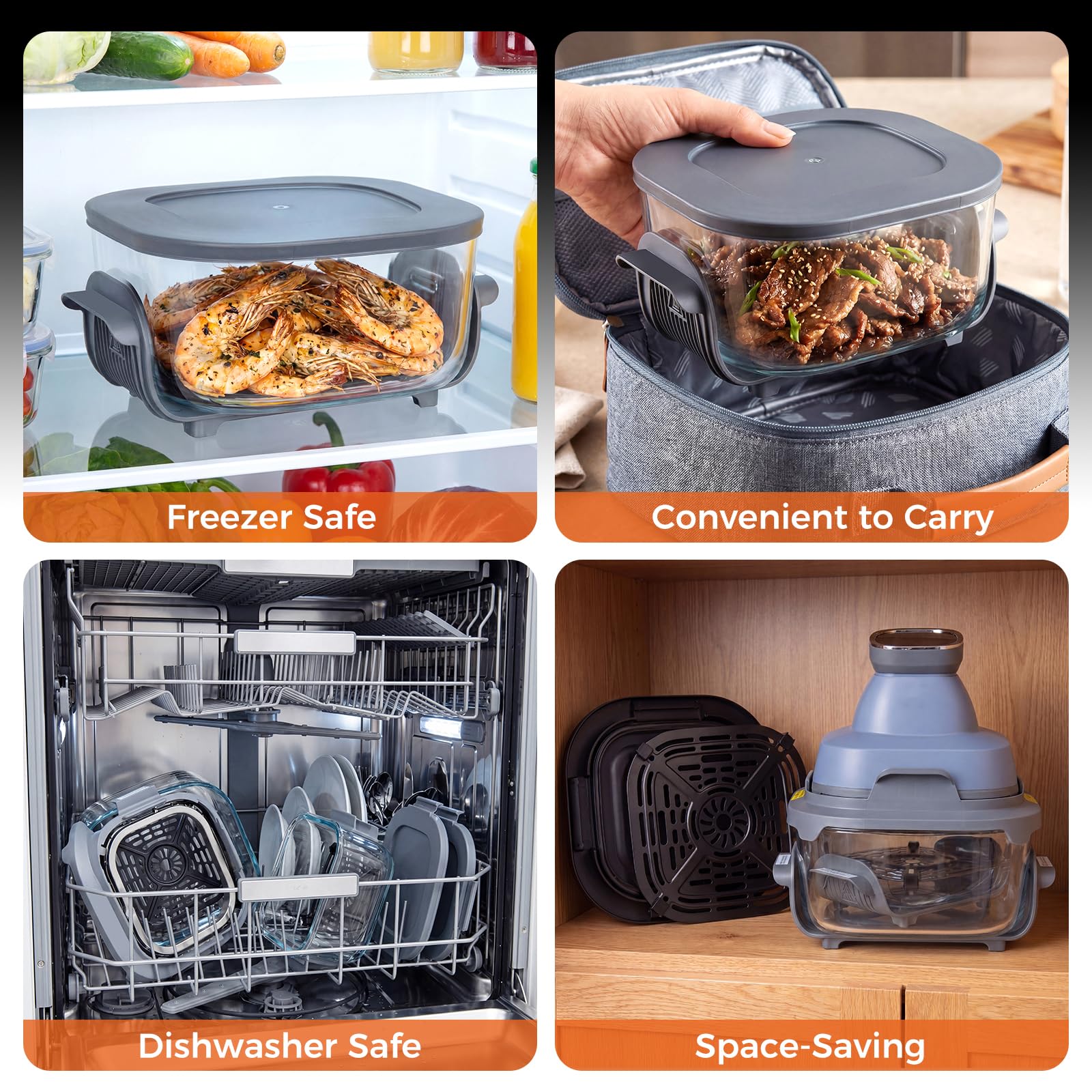 LIFEZEAL - Freidora de aire caliente de cristal, 1500 W, freidora portátil con doble contenedores apilables, tapas, cocción visible, 6 programas, termostato 220 °C, diseño compacto y silencioso (azul)