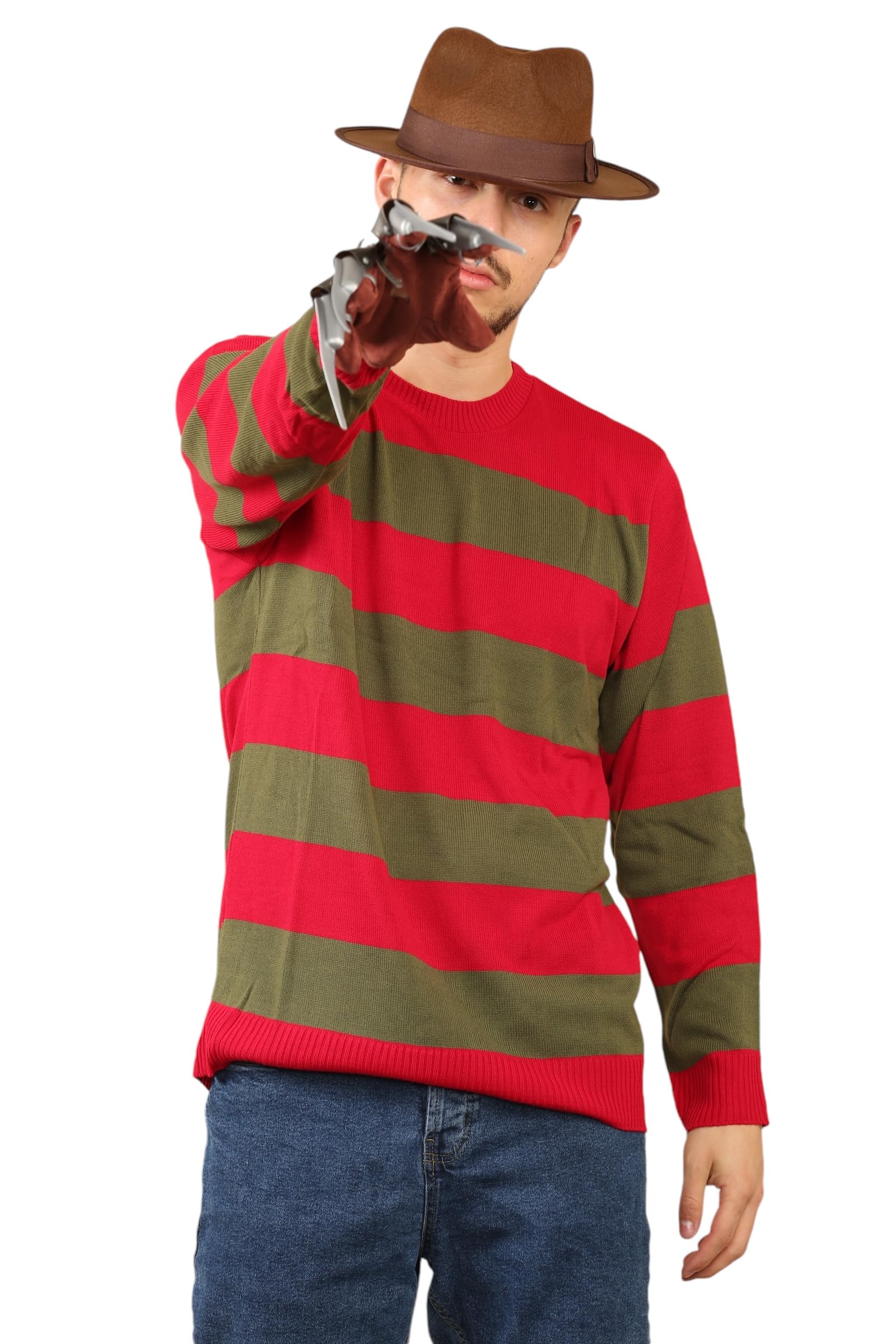 Grunge Wear® Men Women Red Green Stripe Knitted Jumper Explore Hat & Claw Hand Gloves Fancy Dress Costume S-XXL (Large)