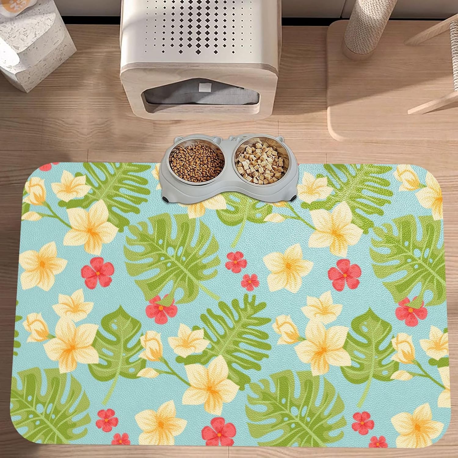 Hawaiian Summer Tropical Leather Absorbent Pet Feeding Mat Non-Slip for Dogs Cats 40x60cm