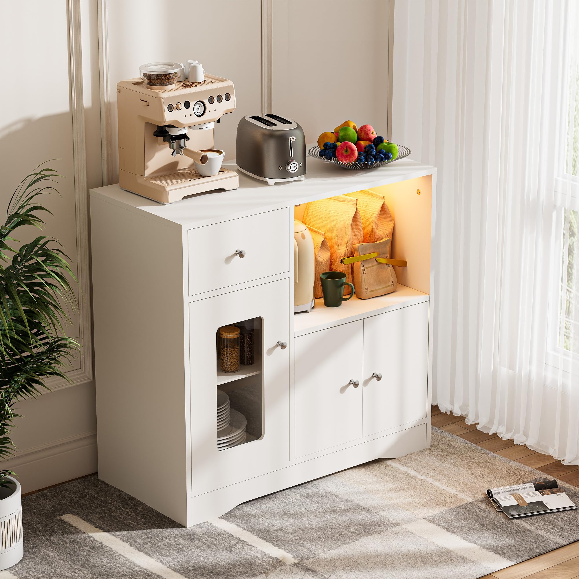 Aparador Cocina Mueble Auxiliar de Cocina Armario Buffet con Enchufe y LED, Mueble Microondas Cocina para Sala de Comedor Salón(Blanco, 83 x 40 x 80 cm)
