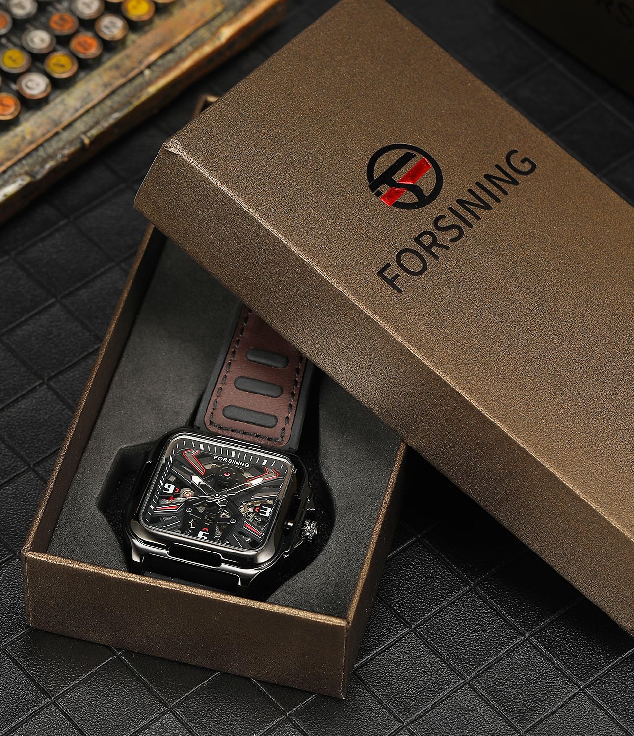 FORSINING Orologio da polso da uomo, in acciaio inox, automatico, con scheletro, quadrato, in silicone, stile retrò
