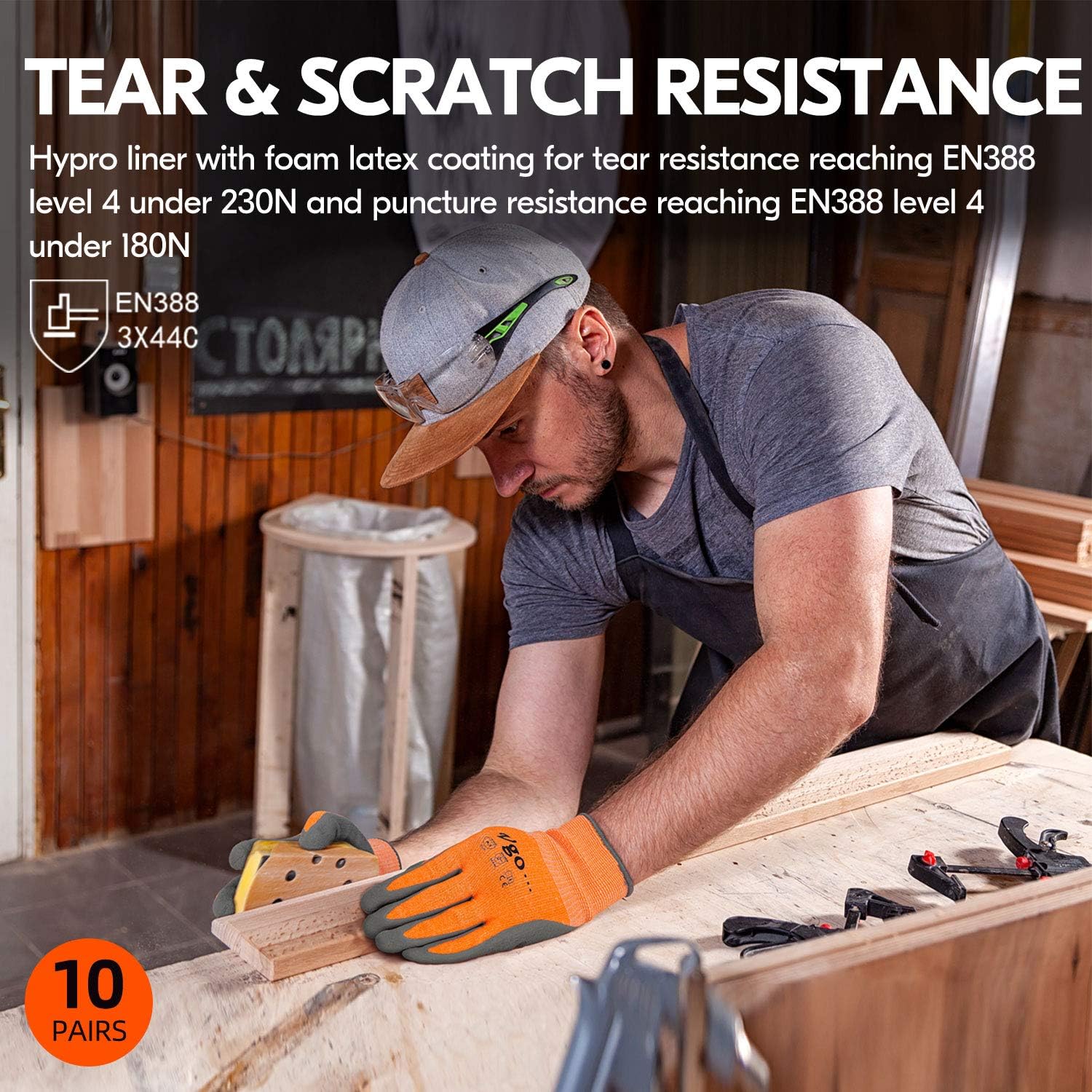 Vgo... Cut Resistant Gloves,Cutproof Work Gloves Men Women,Latex Rubber Coated,EN388 level C, ANSI level A3(RB2148HY,Orange)
