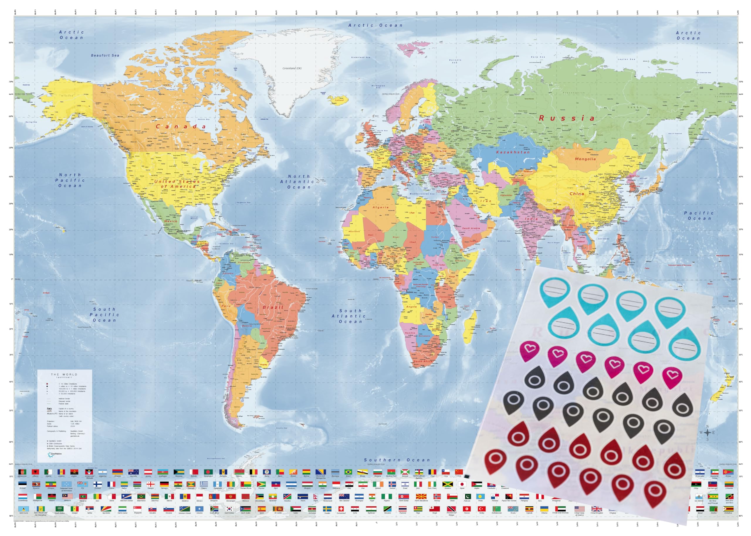 GeoMetro Giant World Map (140 x 100 cm) full lamination with sticker pins for marking destinations, high print quality
