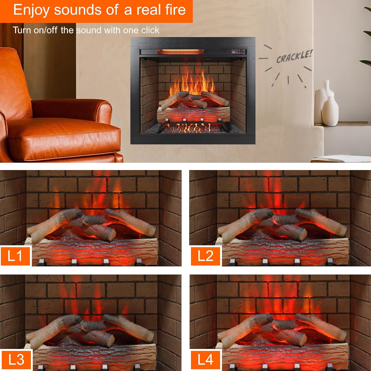 Image showing the fireplace insert with various flame brightness levels and the crackling sound feature.