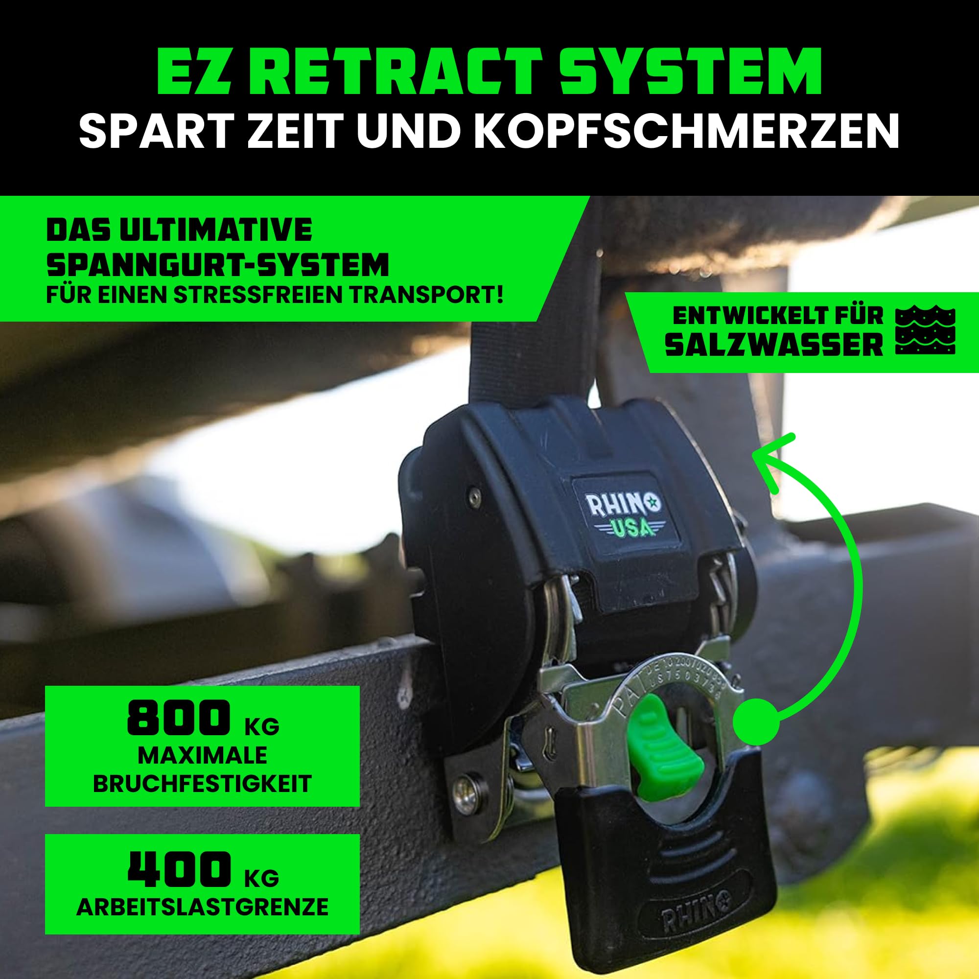 Rhino USA Einziehbare Bootsanhänger-Gurte (2er-Set) 5cm x 1,1m 1.300kg | 1.300kg Boots-Spanngurte für Anhänger. Robuster Edelstahl, Einziehbar & Salzwasserbeständig für Salzwasser-Einsatz.