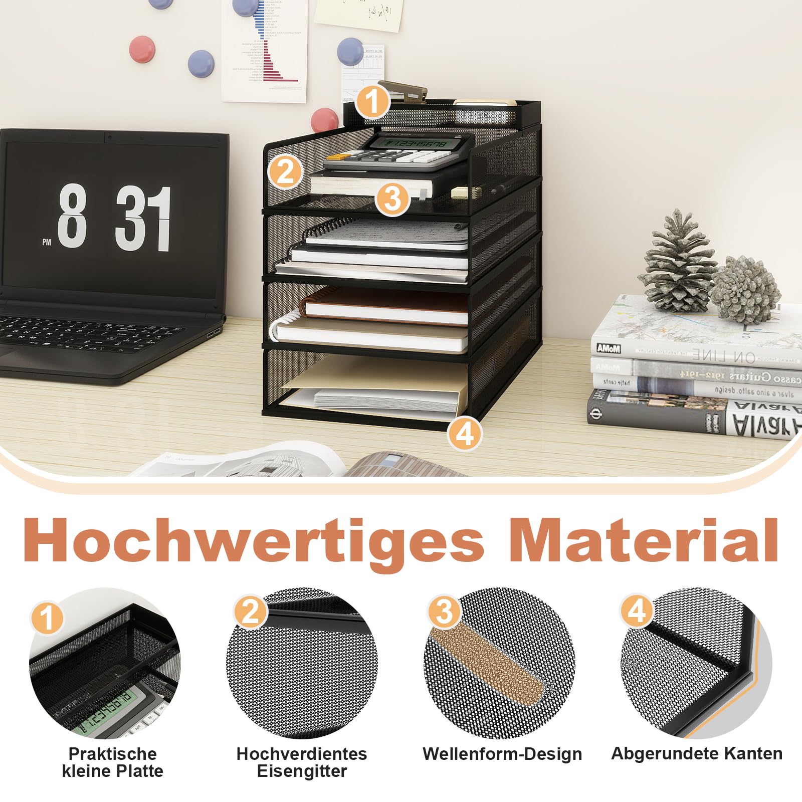 PUNCIA Dokumentenablage A4 Briefablage 4 Ablagefächer aus Metall