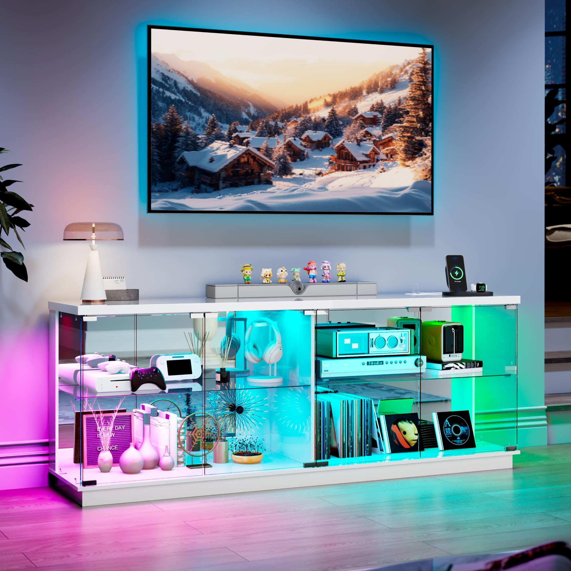 OUTDOOR DOIT 59" W Large Display Case - with Glass Door,Glass Display Cabinet with RGB Lights for Collectibles,Lighted Cuiro Cabinet with Motion Sensor Light,Charging Station,China Cabinets,White