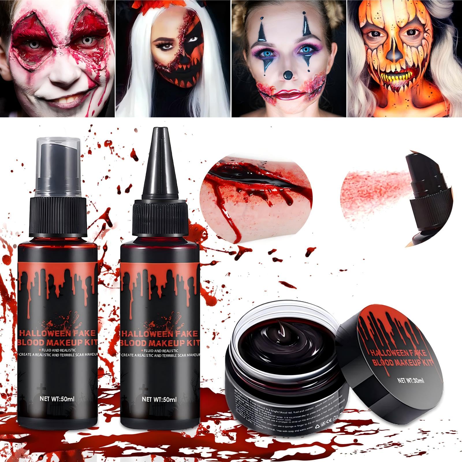 Kit De Faux Sang, Spray De Faux Sang De 59,5 G Et Gel Coagulé De Sang De 59,5 G Et Gel De Sang Coagulé De 40 G, Maquillage Lavable Pour Vêtements