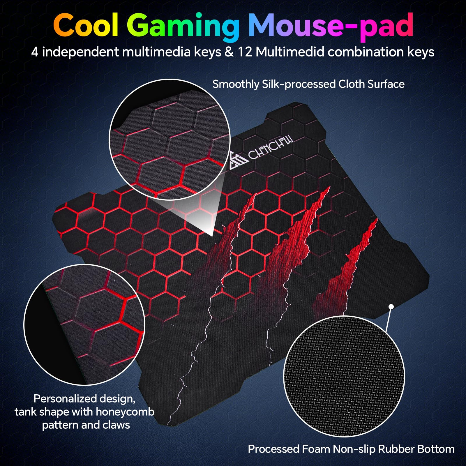 CHONCHOW Tastiera da gioco e mouse combinata, tastiera silenziosa retroilluminata RGB con cavo USB, anti-ghosting, con poggiapolsi ergonomico e supporto per telefono, mouse da gioco 7D 7200 DPI per PC