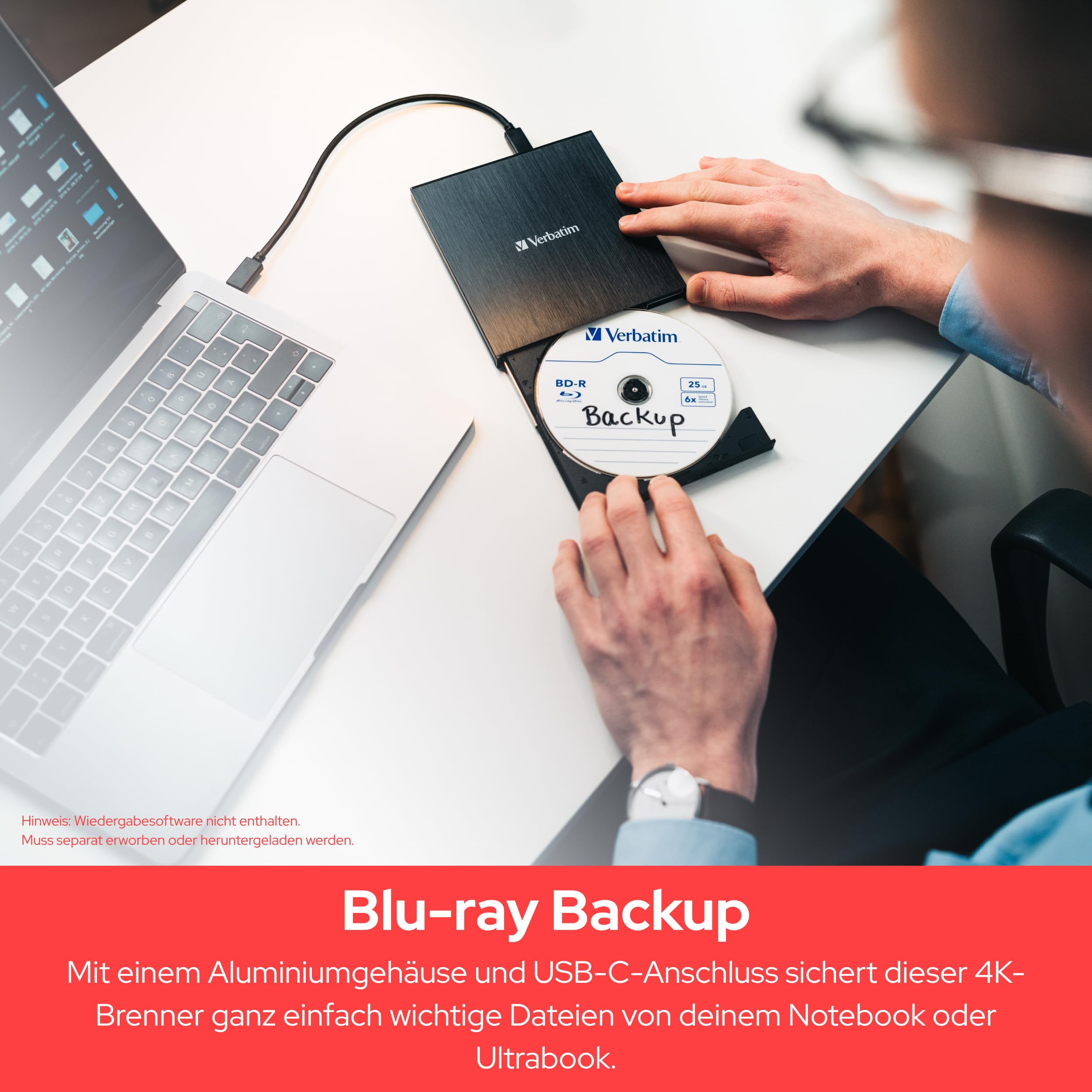 Verbatim Externer Slimline-Blu-ray-Writer Ultra HD 4K - kompakter Brenner zum Erstellen großer Backups, schwarz