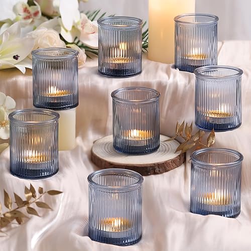 8 portavelas votivas azules acanaladas, portavelas de cristal para velas de té, candelabros azules para centro de mesa, decoración de boda,