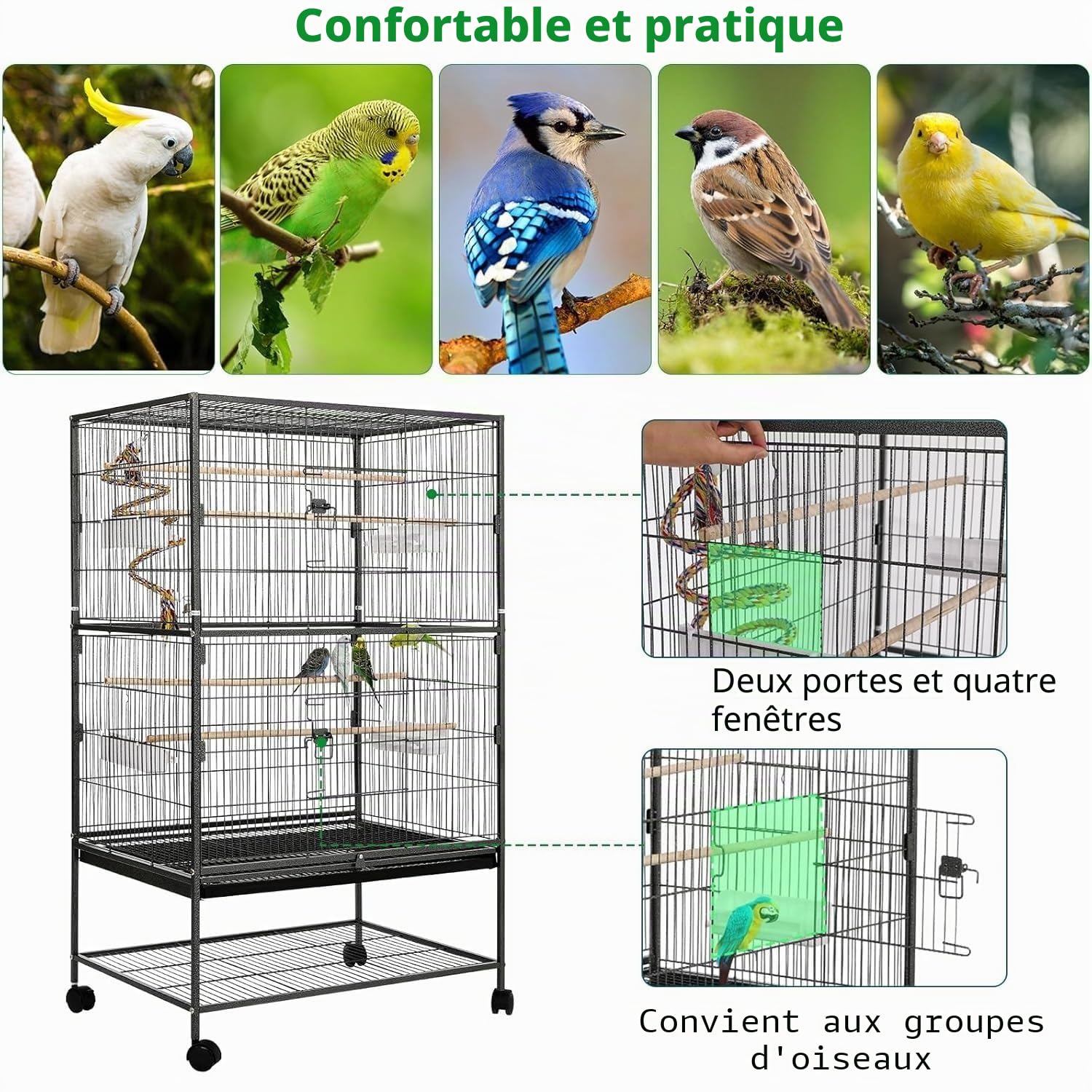 LIFERUN Grande Cage Oiseaux, Volière pour Oiseaux en Métal avec Corde Jouet | Cage Oiseaux avec 4PCS Roulettes, 2 Portes, 4 Perchoirs & 4 Mangeoires - pour Canaries Perroquet Perruches-132 x 78 x 52 cm