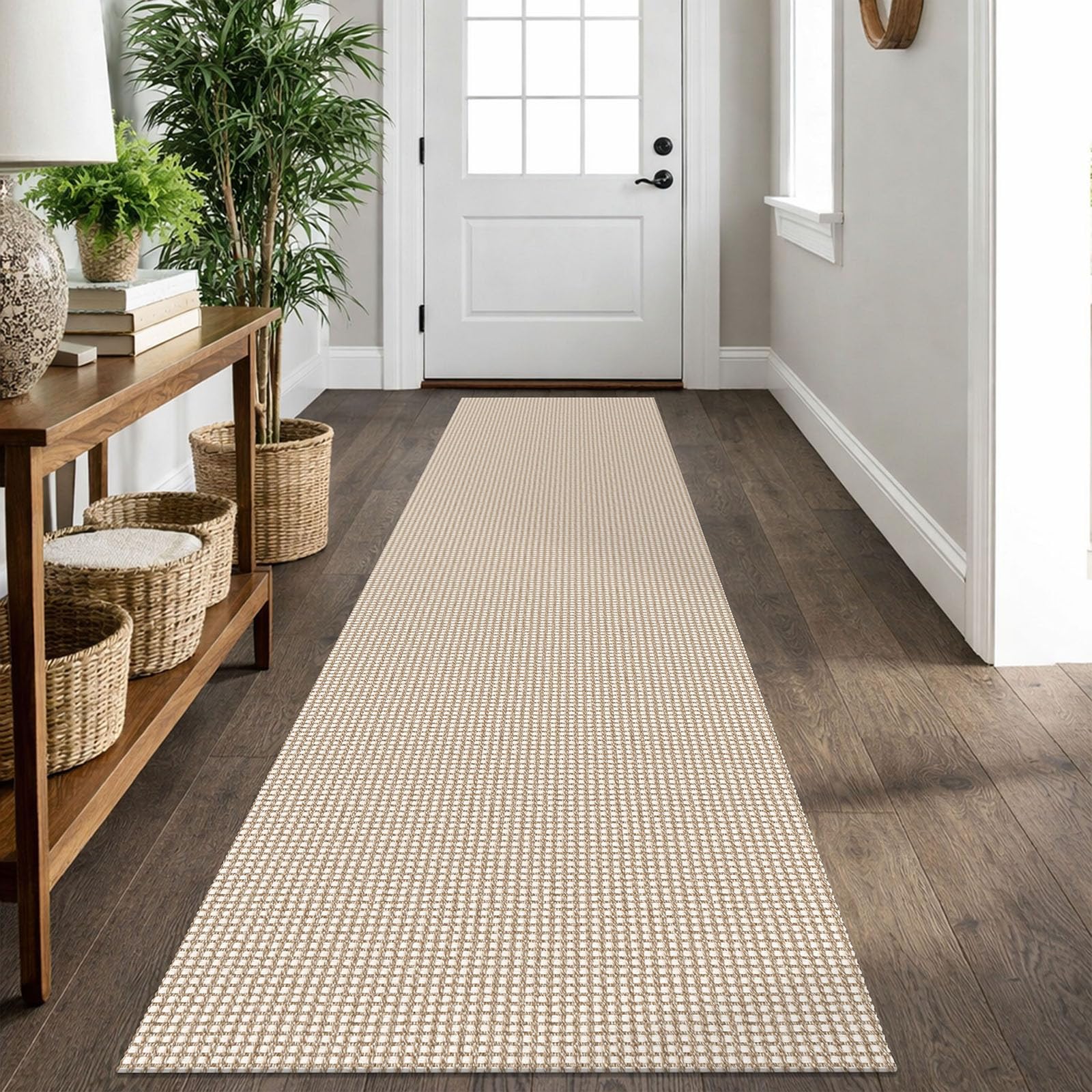 IOHOUZE Washable Runner Rug 2x10 Non Slip Rubber Backed Long Hallway Runner Entryway Runner Indoor, Kitchen Rugs Woven Cotton Floor Carpet for Hall Entrance, Cream/Beige