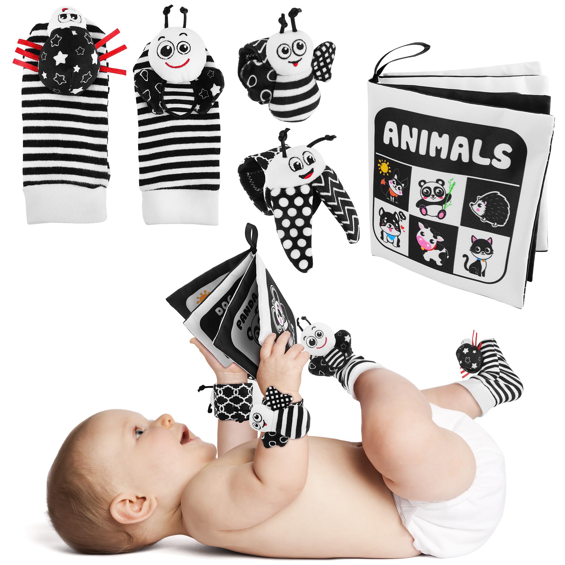 Baby Toys 0-12 Months: Black and White Sensory Toys Baby Socks & Wrist Rattles Newborn Toys with Baby Cloth Book Kits, High Contrast Baby Gifts for Boys Girls