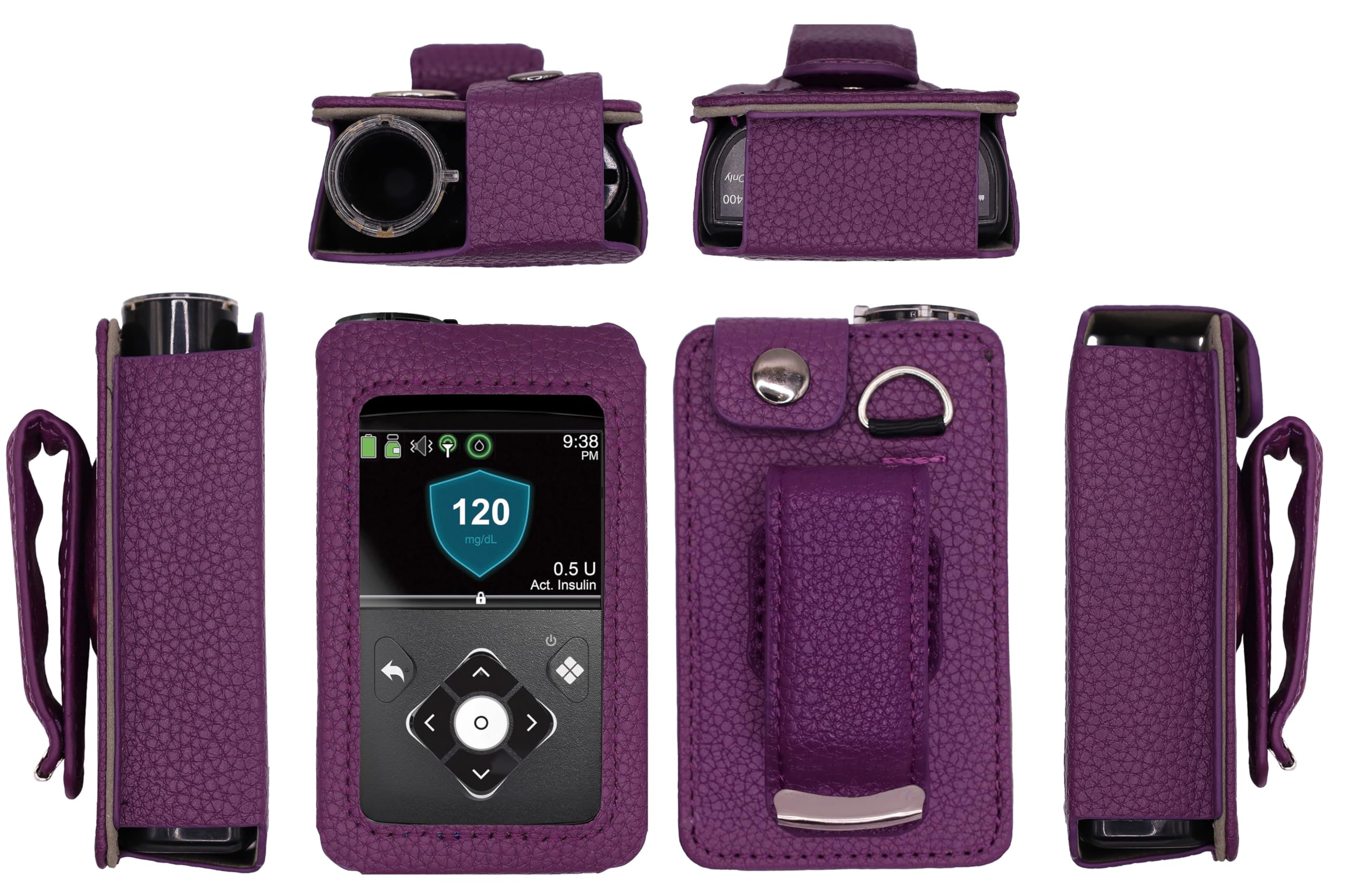 Étui en cuir ajusté avec clip de ceinture rotatif + protecteur d'écran pour pompe à insuline Medtronic Minimed (Minimed 630G / 640G / 650G / 670G / 770G / 780G) (Violet)